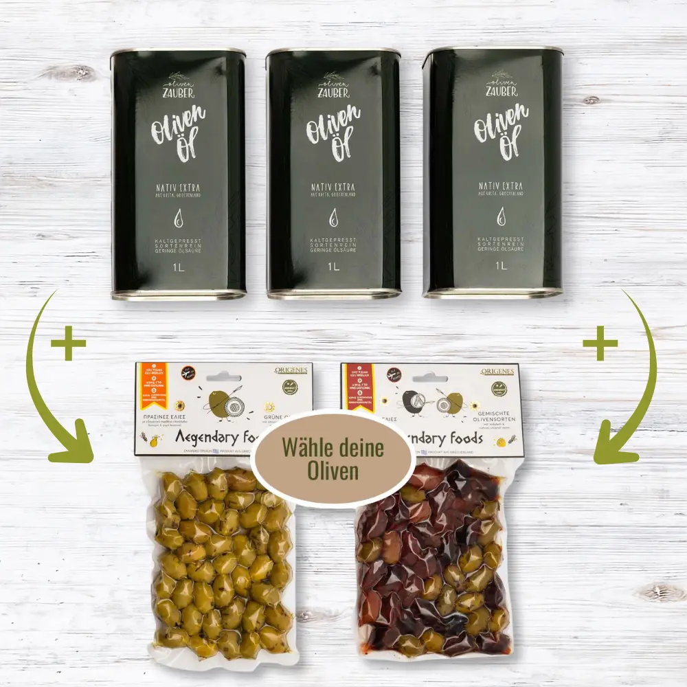 Three olive oil cans and two packs of olives on a white wooden background.