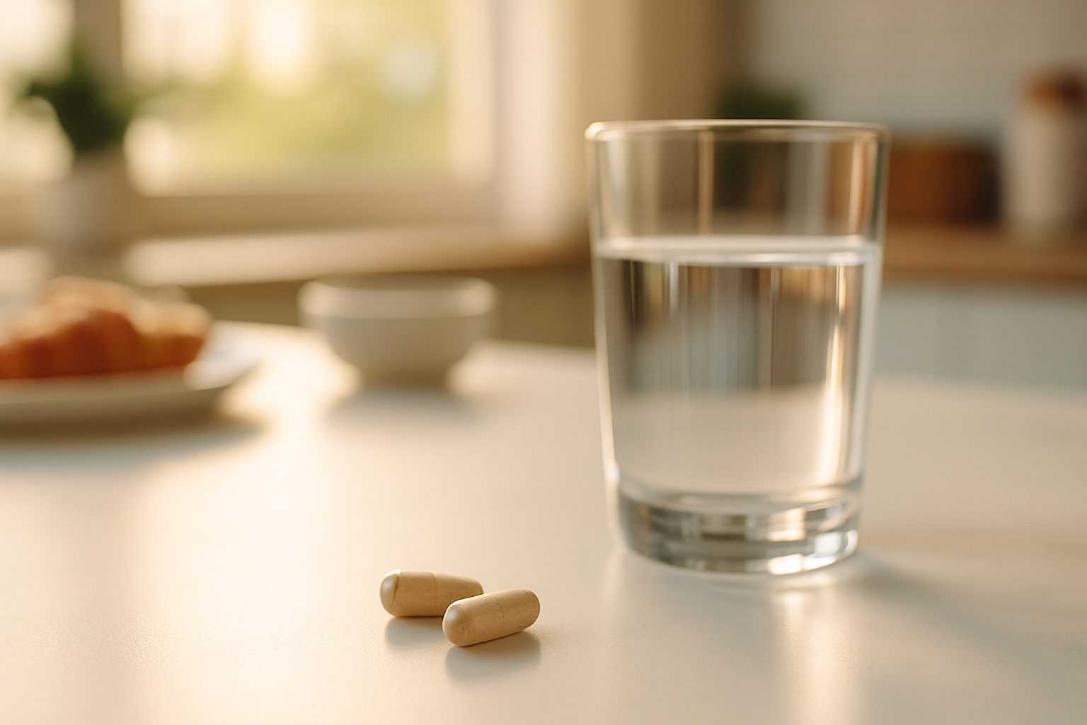 A glass of water and two pills on a kitchen counter.