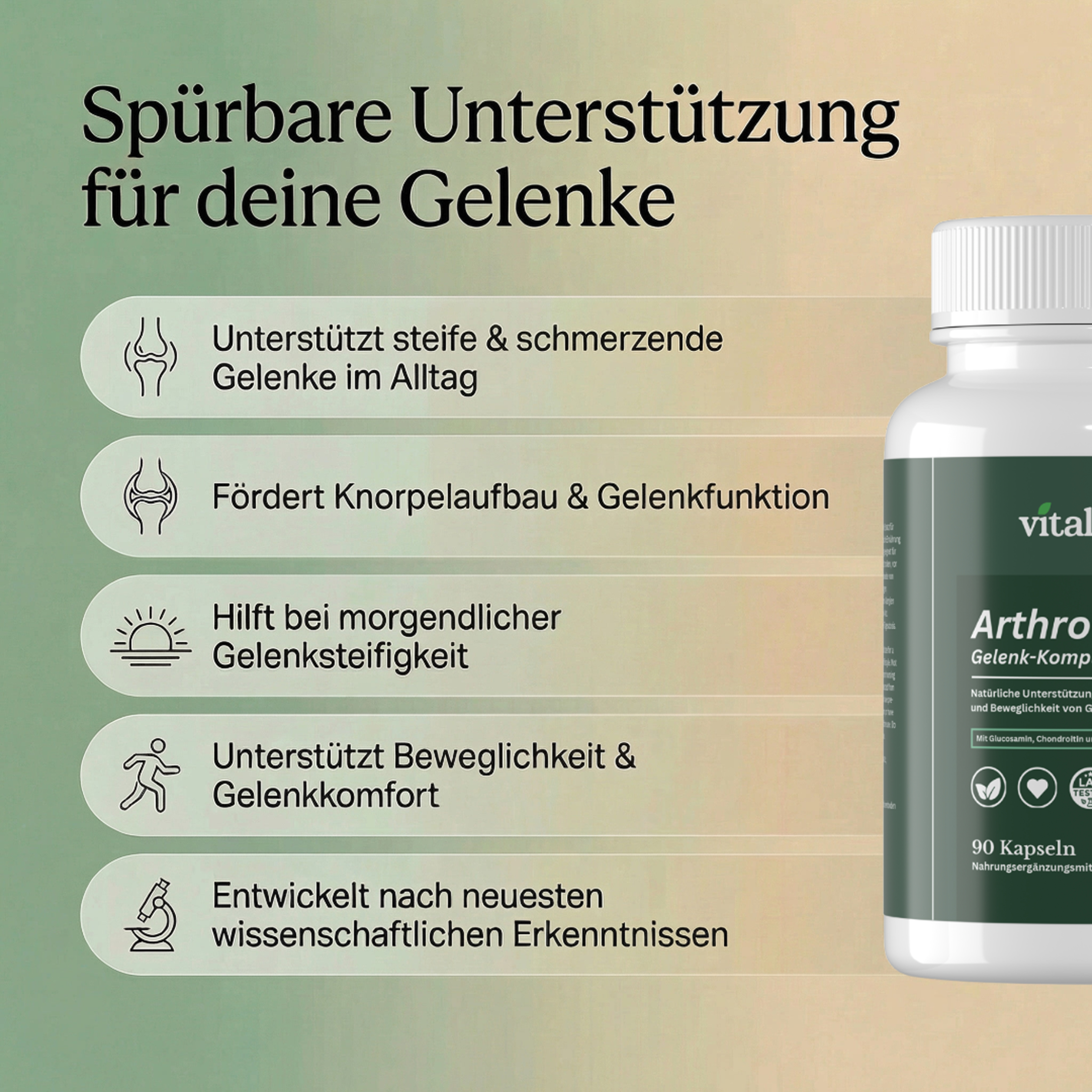 An advertisement for a joint supplement showing a list of benefits in German next to the product bottle.