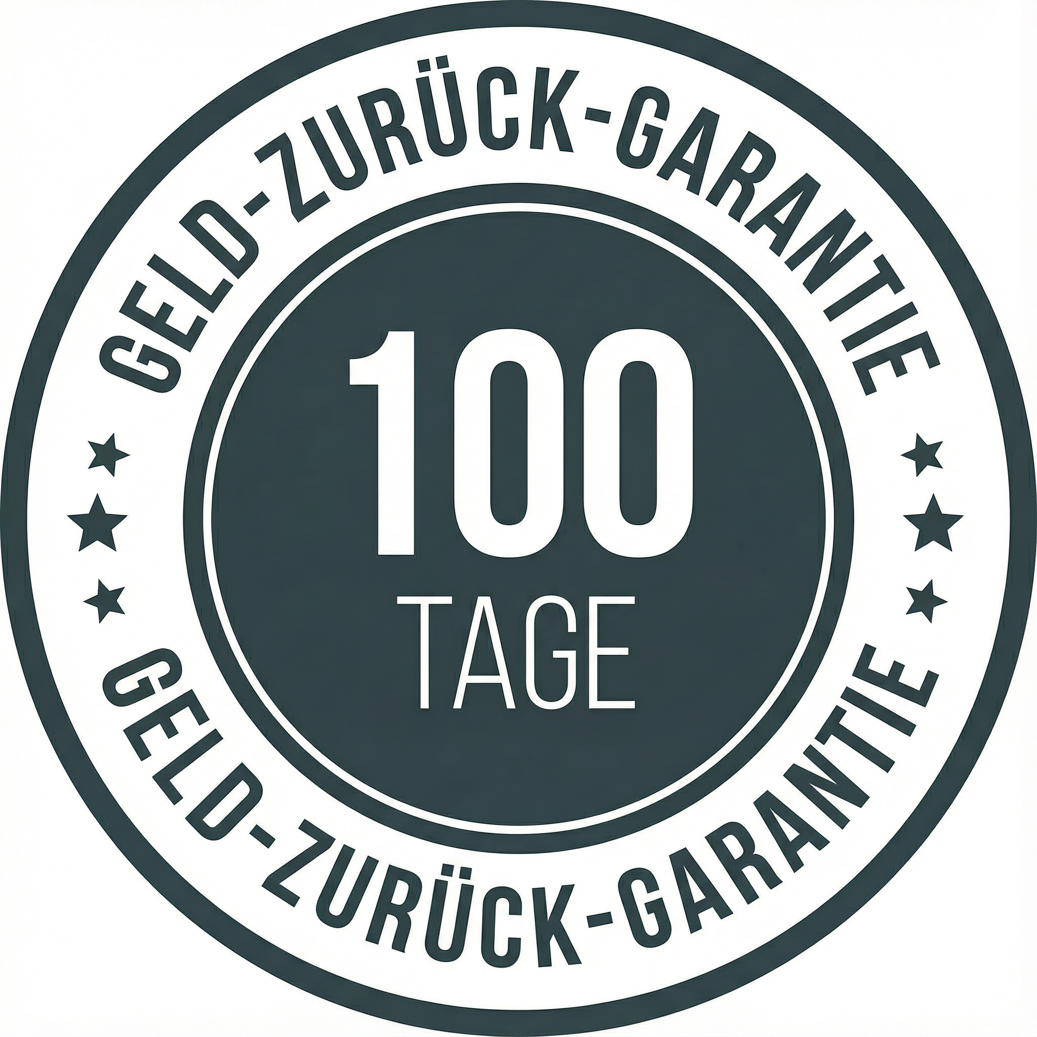 Emblem with text '100 Tage Geld-Zurück-Garantie' and star icons.