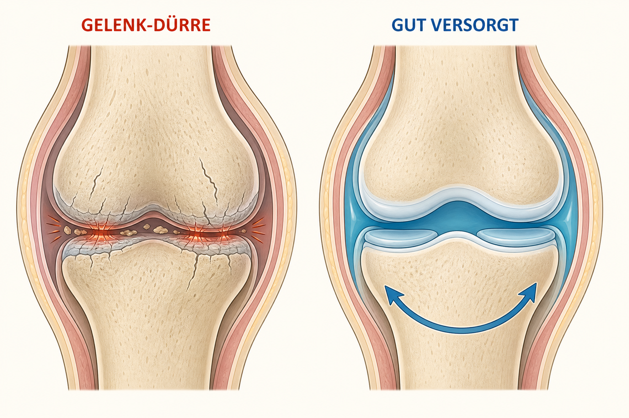 Vergleich: Gelenk-Dürre (trockenes Gelenk) gegenüber einem gut versorgten, gesunden Gelenk
