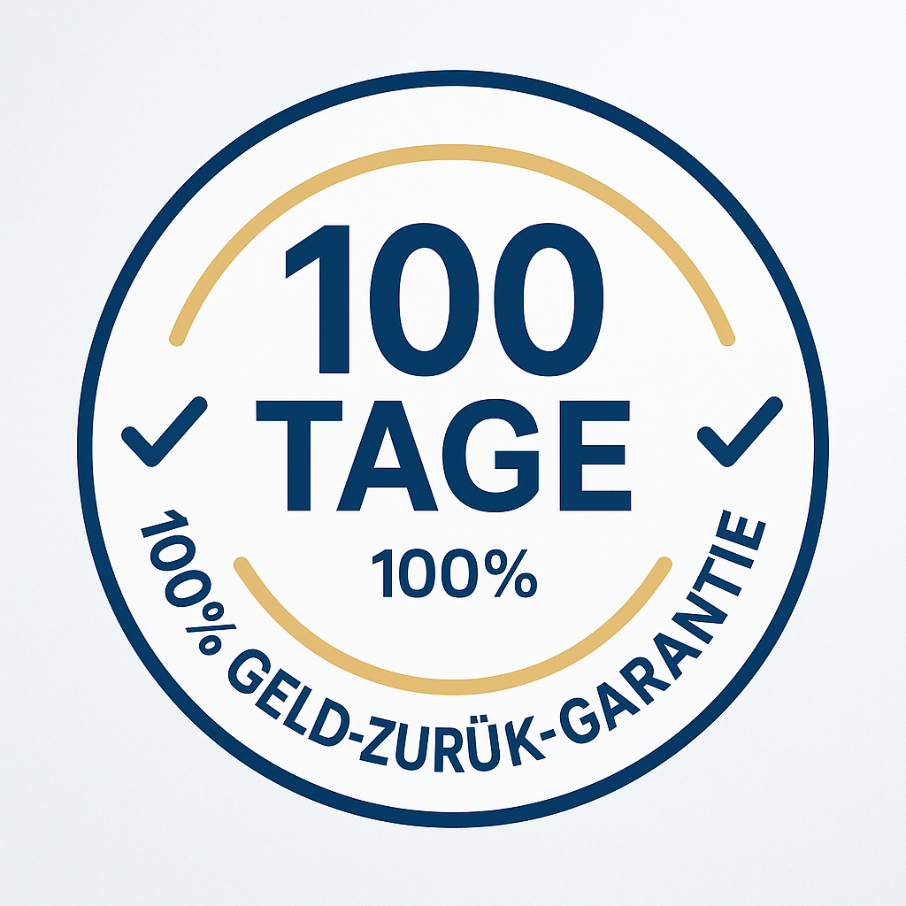 Circular badge with '100 Tage' and '100% Geld-zurück-Garantie' text.