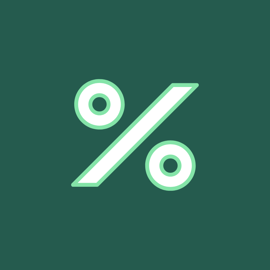 A stylized white and light green percent sign on a dark green background.