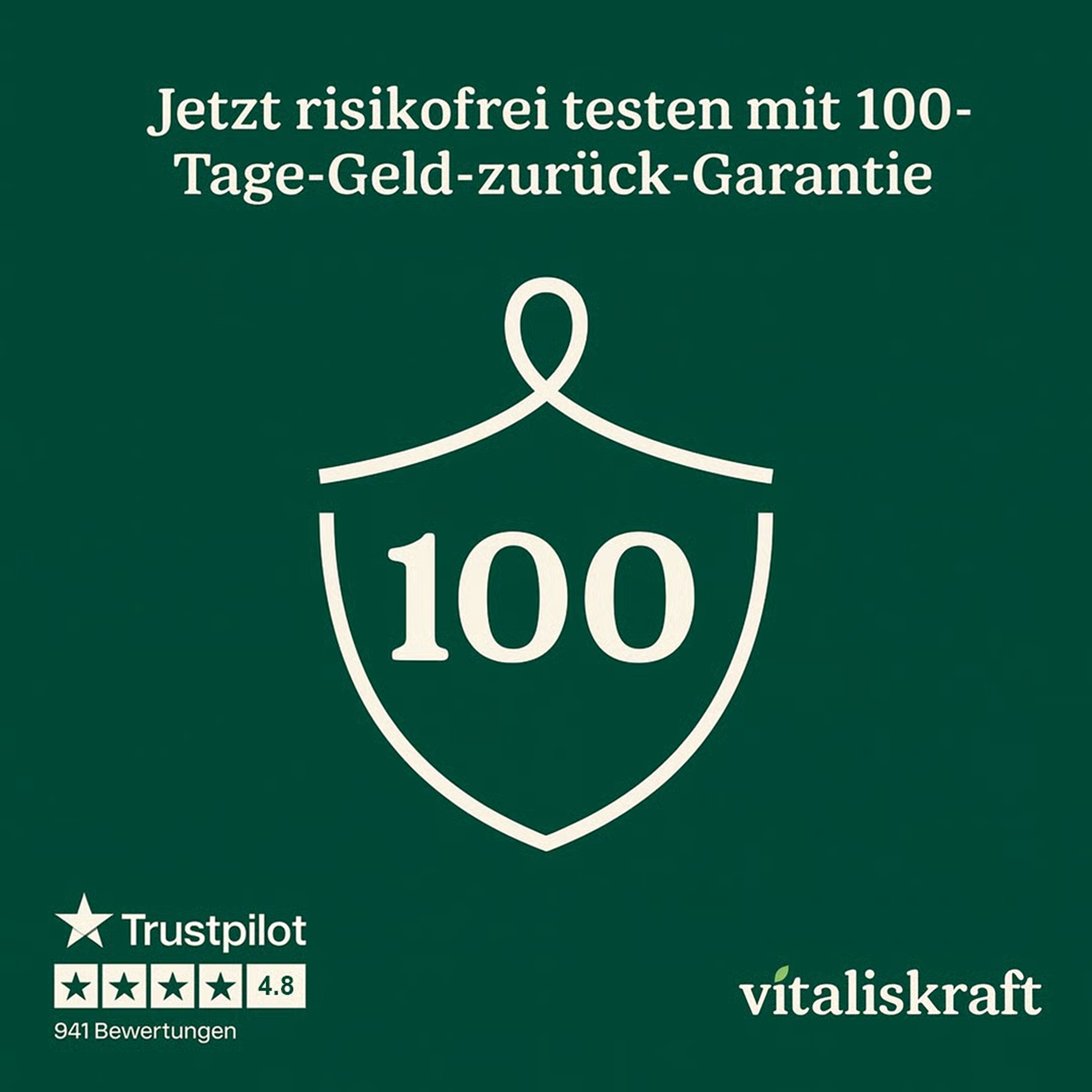 Green background with text about a 100-day money-back guarantee and Trustpilot rating.