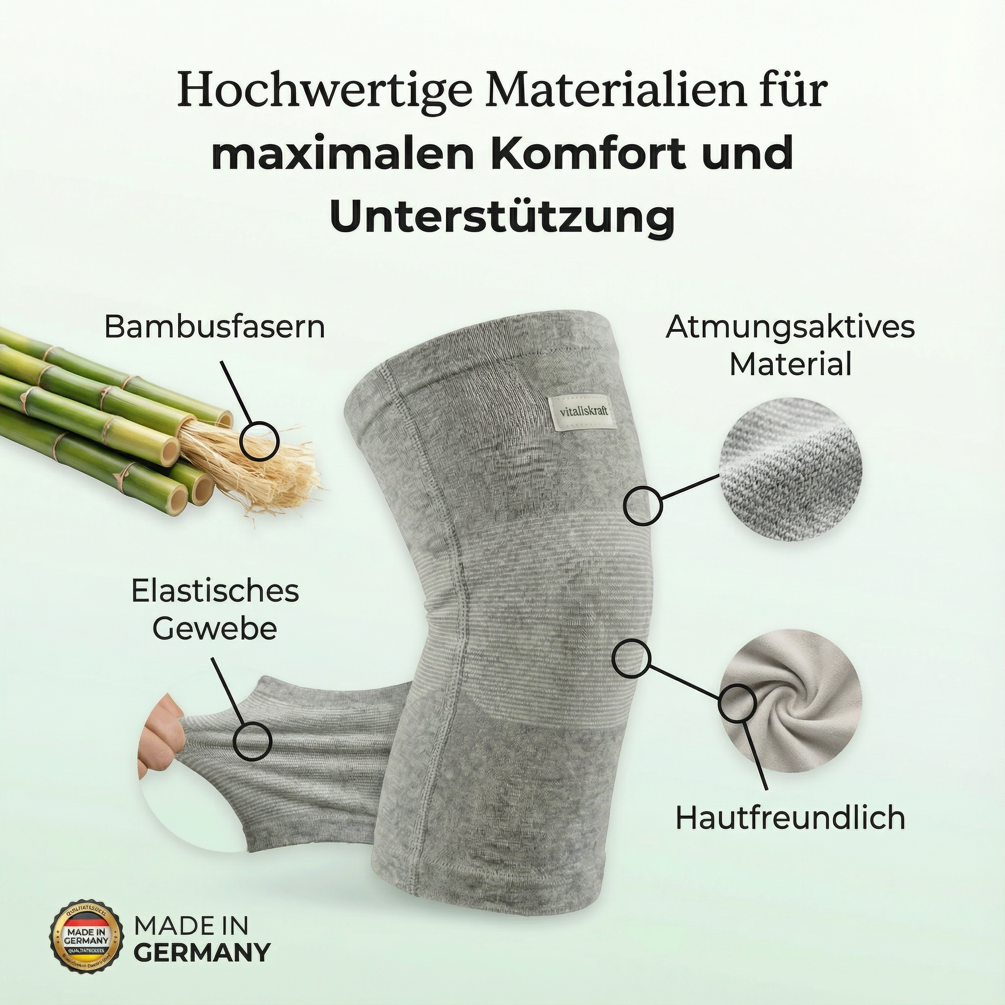Knee sleeve with bamboo fibers, breathable and elastic materials, labeled 'Made in Germany.'