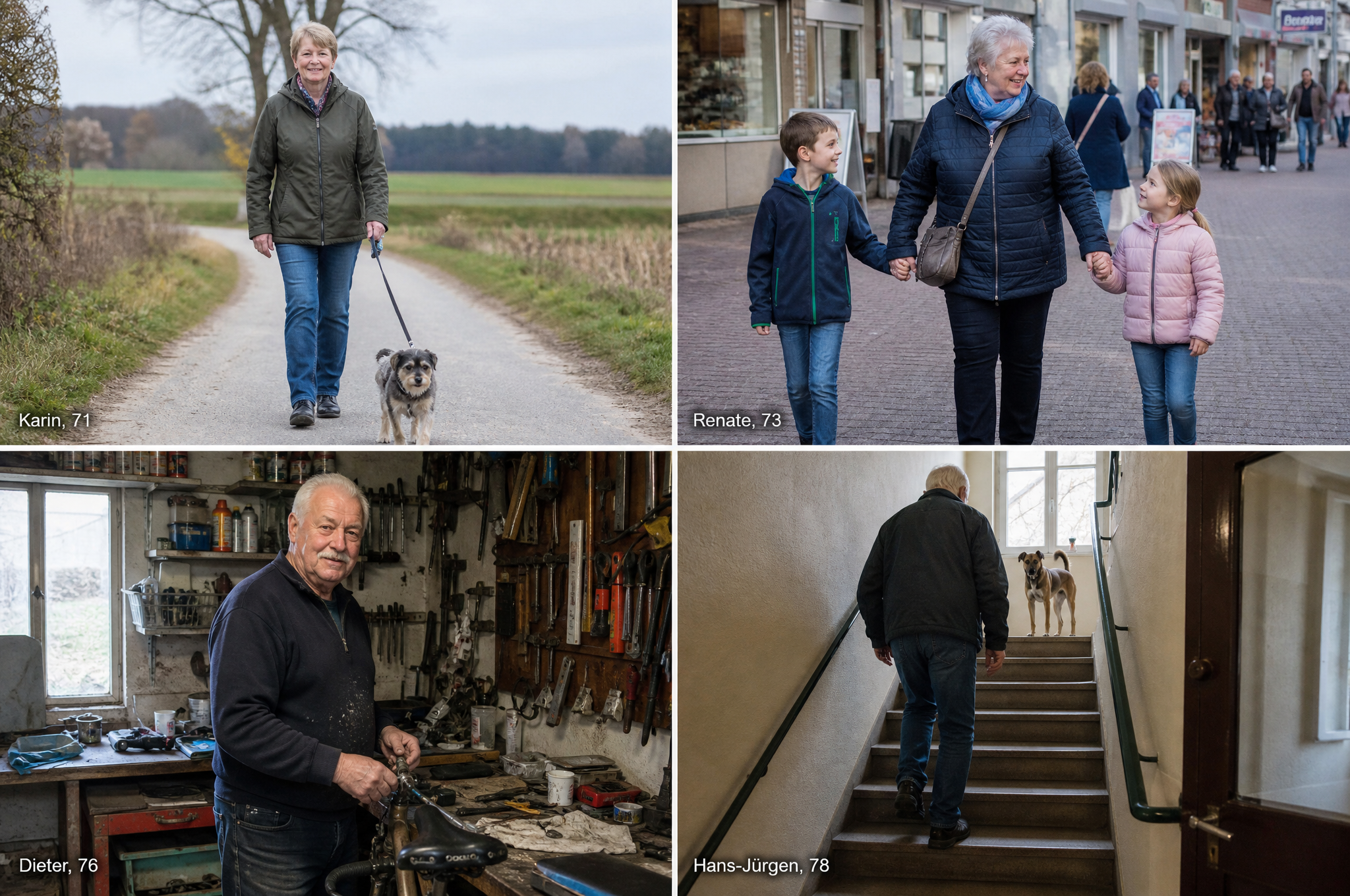 Aktive Seniorinnen und Senioren: beim Spazieren, mit Enkeln, in der Werkstatt und auf der Treppe
