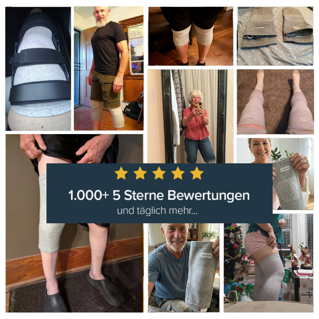 Collage of people using gray compression sleeves with a five-star review banner.
