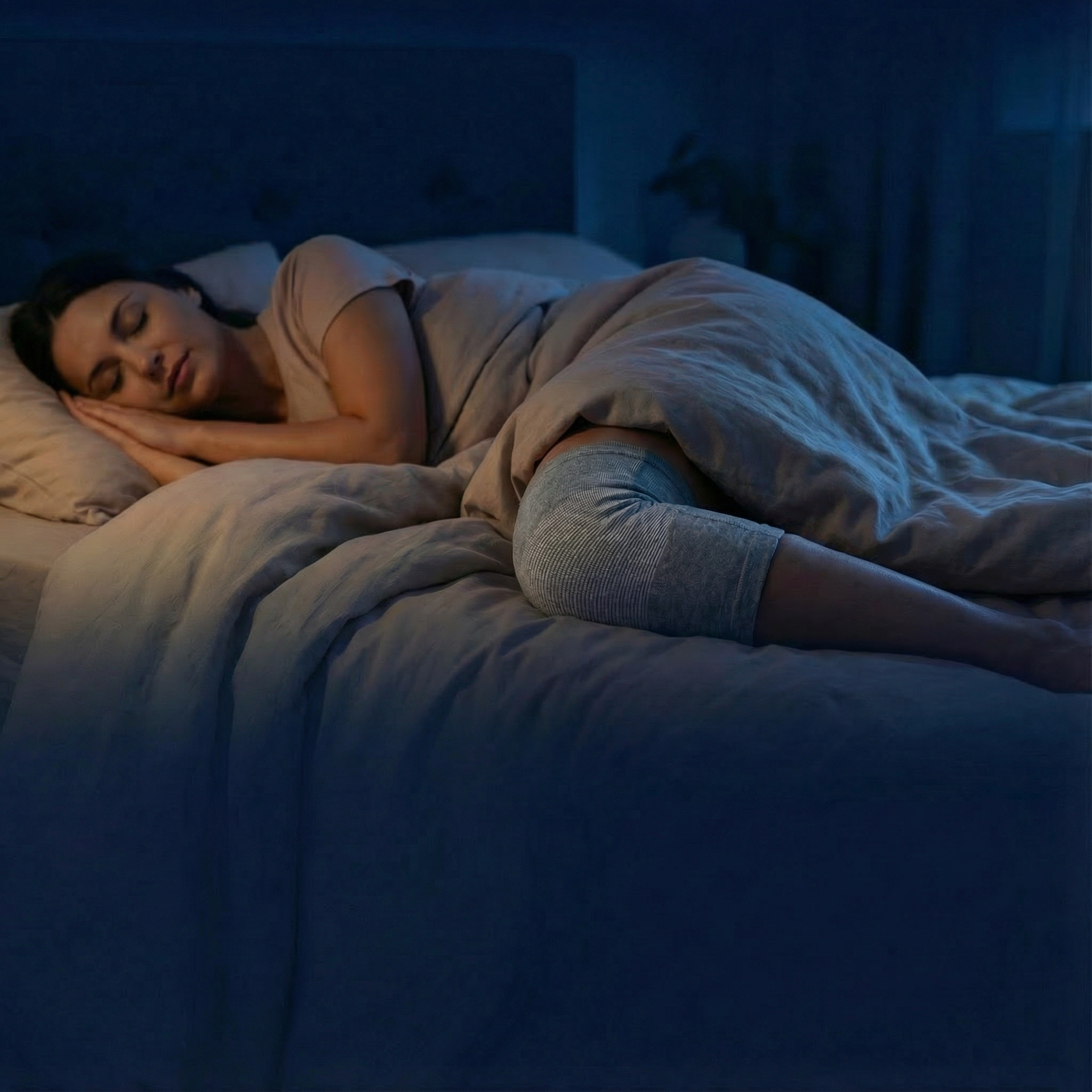 Person sleeping peacefully in bed with blankets and soft lighting.