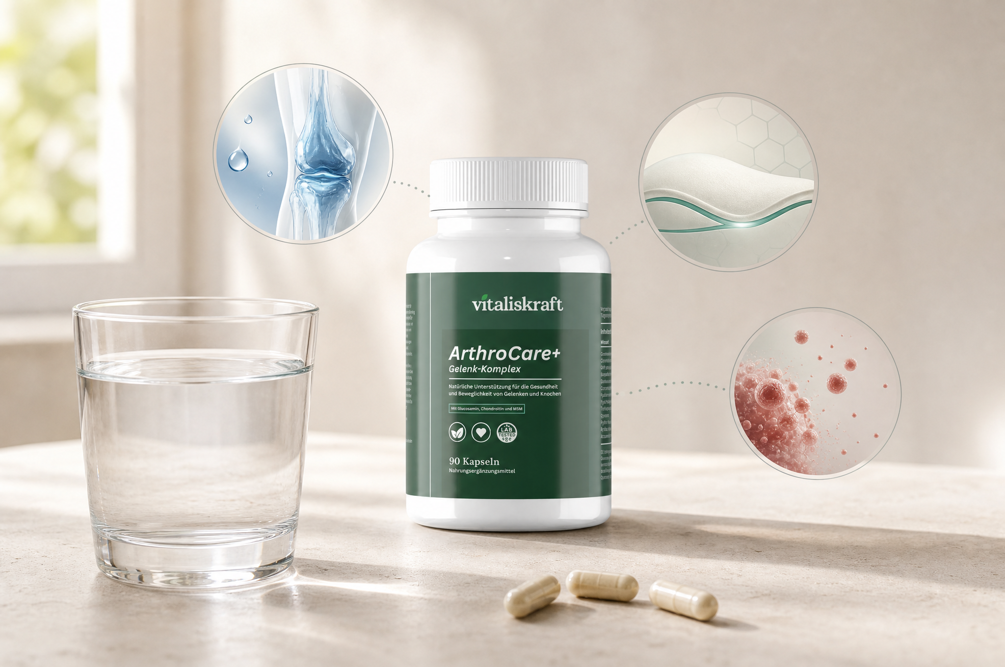 ArthroCare+ von Vitaliskraft – eine Dose neben einem Glas Wasser