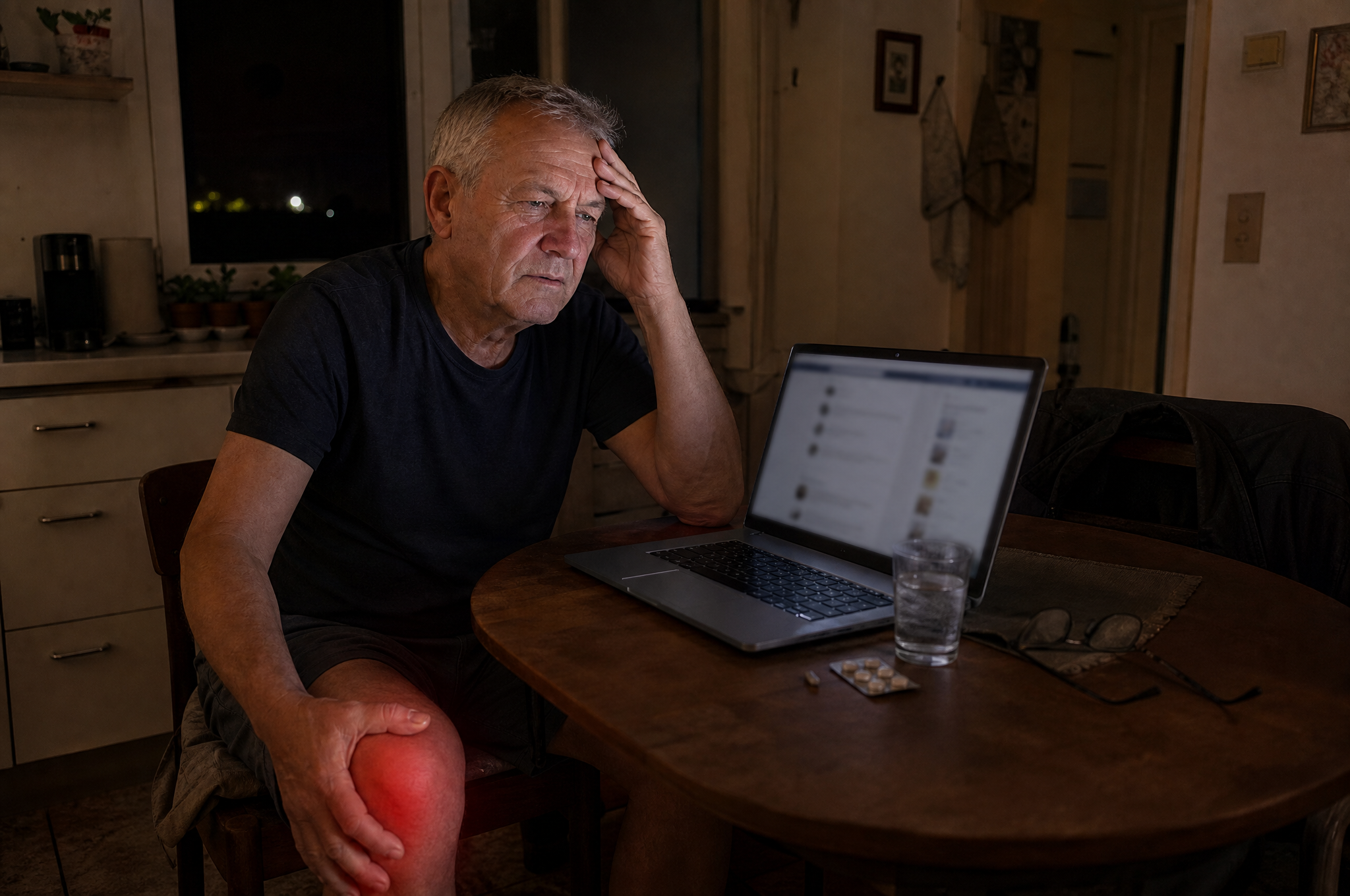 Werner searches the internet at night at the kitchen table for help with his knee pain.