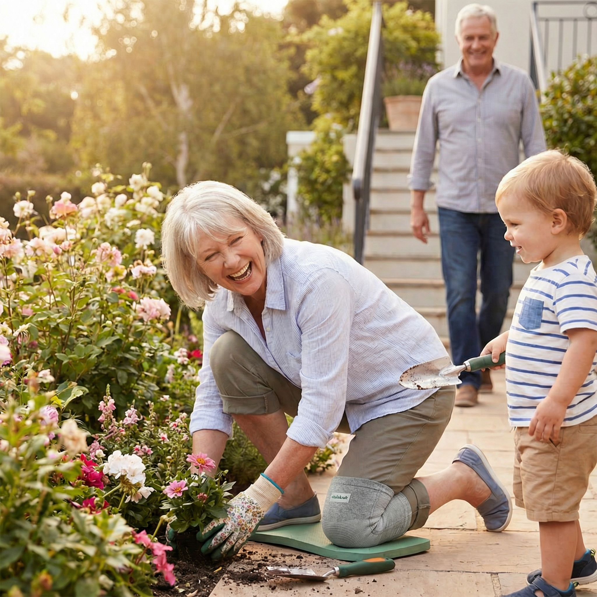 Woman gardening with spade, child holding trowel, man walking in background.