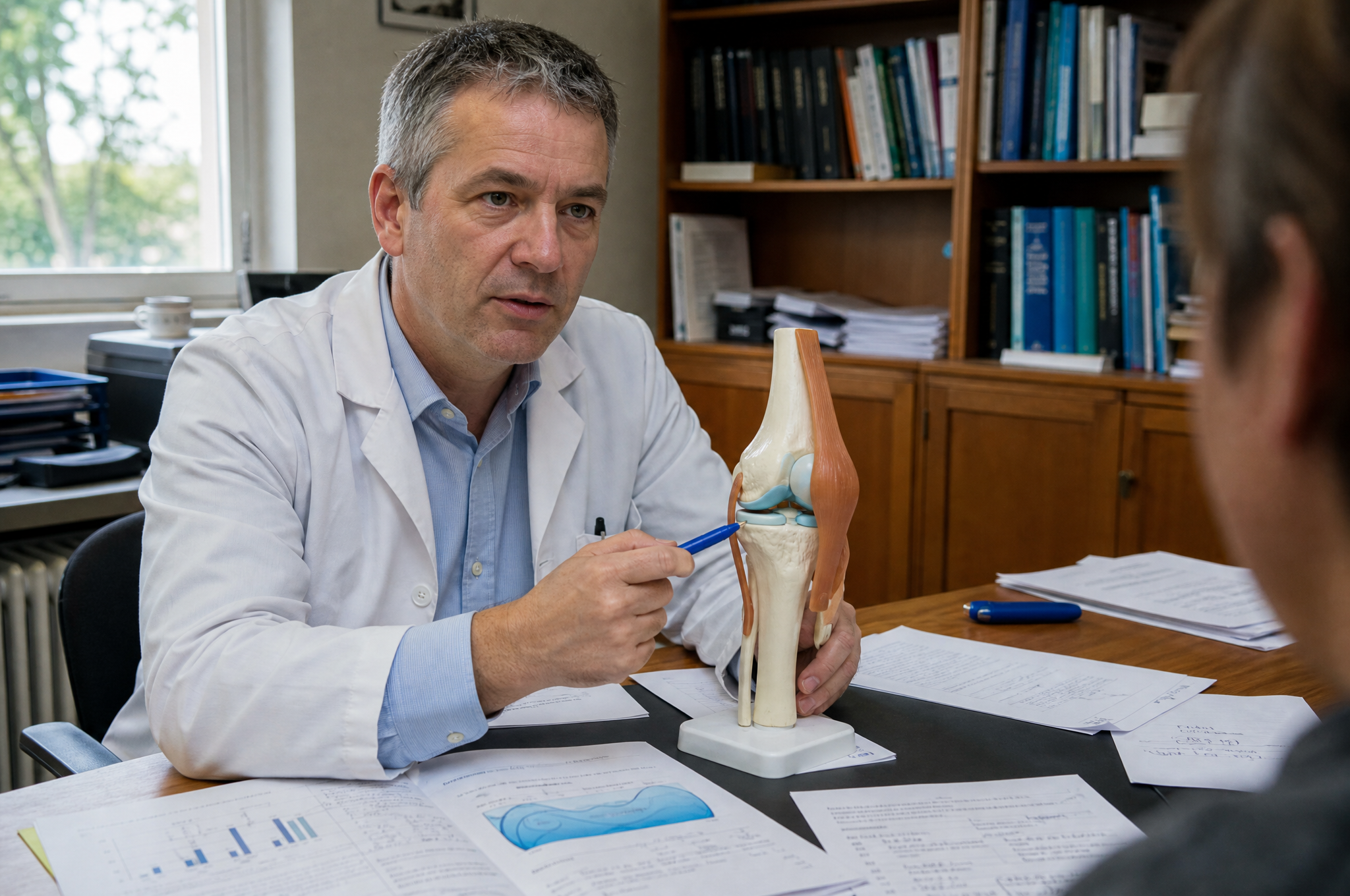 Dr. med. Matthias Schneider erklärt einem Patienten die Gelenkformel anhand eines Kniemodells