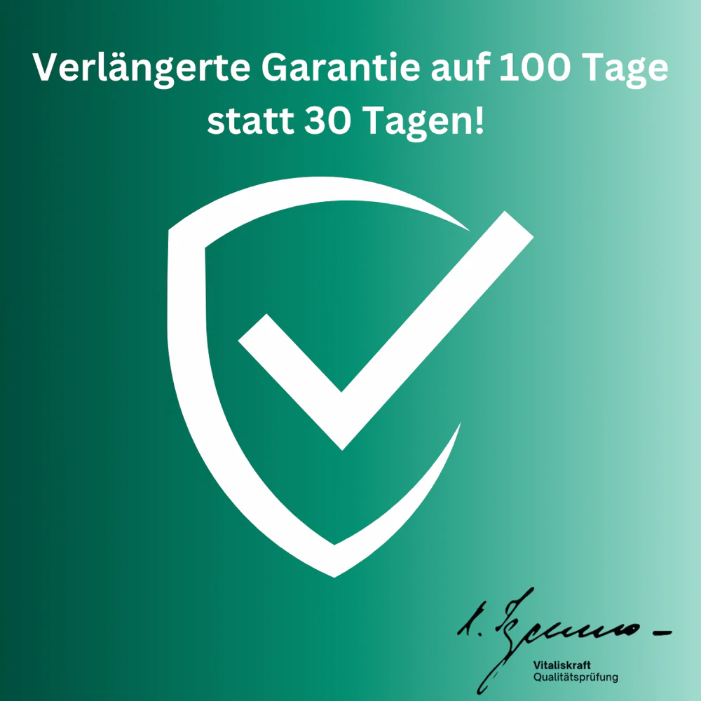 A white checkmark inside a shield on a green background with text about extended warranty.