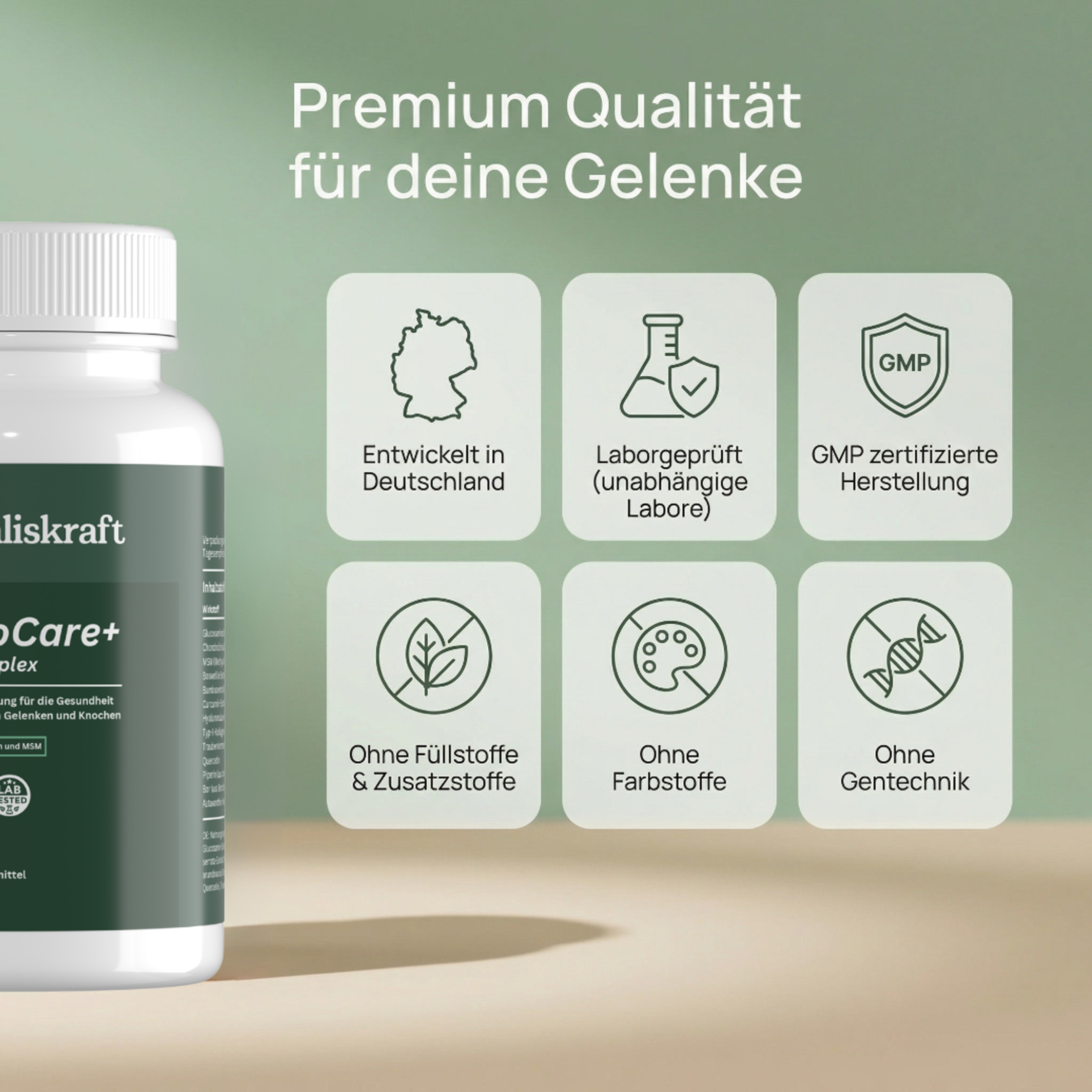 A supplement bottle next to six icons with German text highlighting product quality features and certifications.