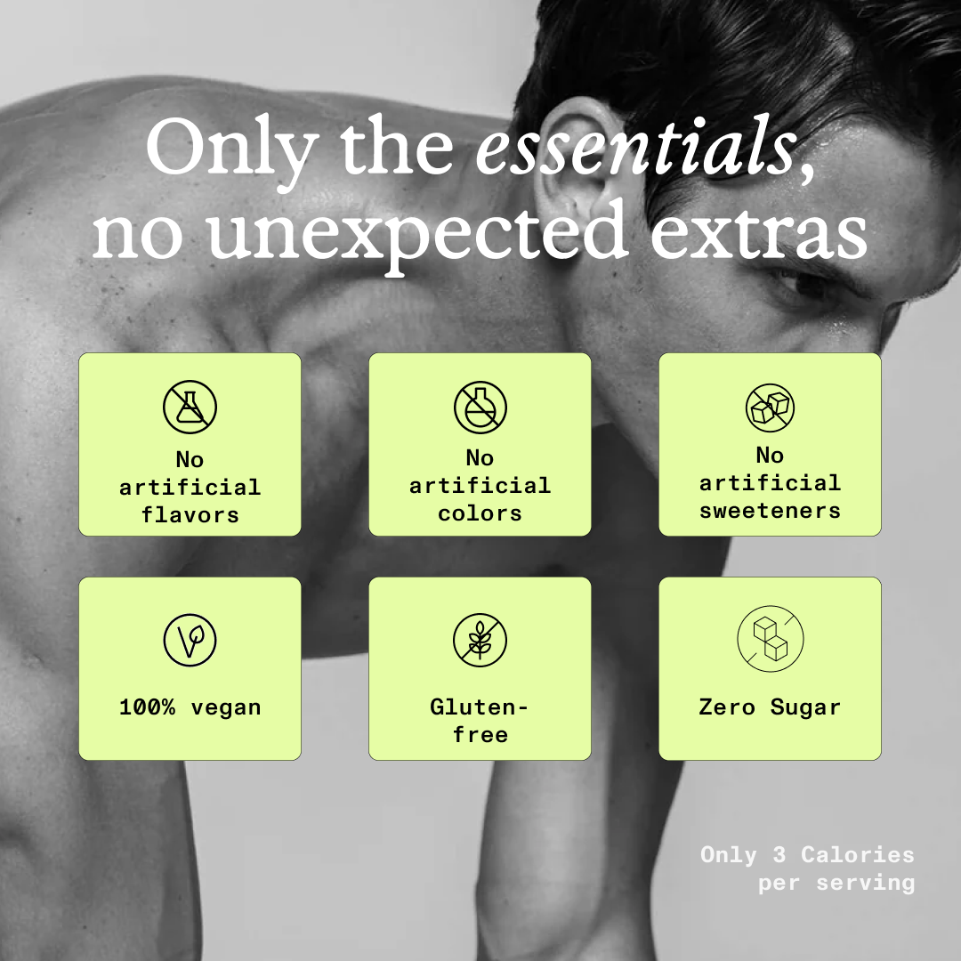 Image with text: 'Only the essentials, no unexpected extras.' Features benefits like vegan and gluten-free.