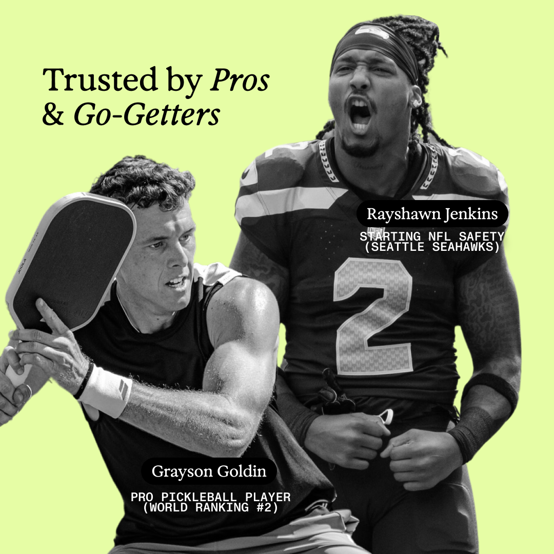 Two athletes with text, one holding a paddle, the other in a football uniform.