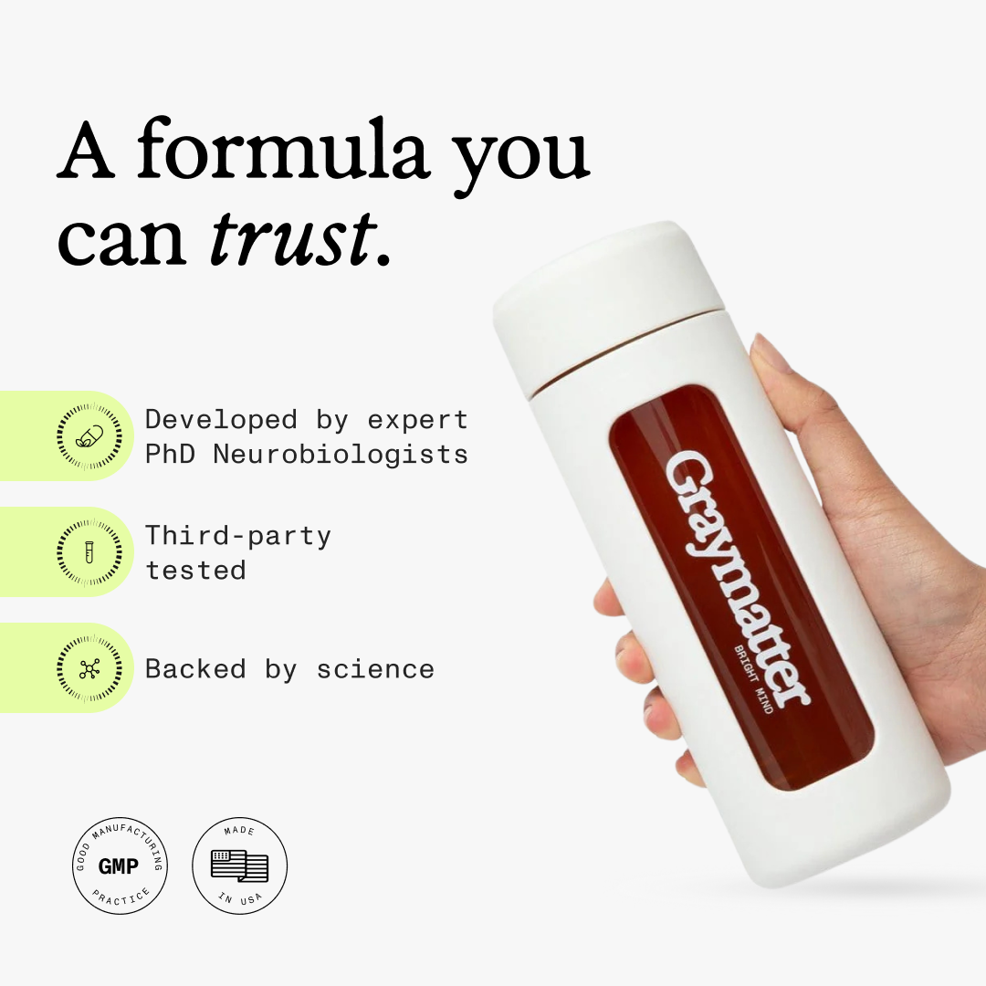 Hand holding a white bottle labeled 'Graymatter'; text promotes trust and scientific backing.