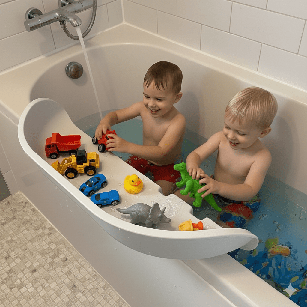 Bathtub with colorful toys, book, and foam letters on the wall.