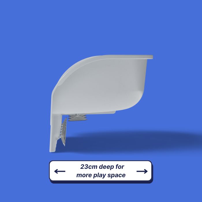 White plastic container with measurement text on blue background.