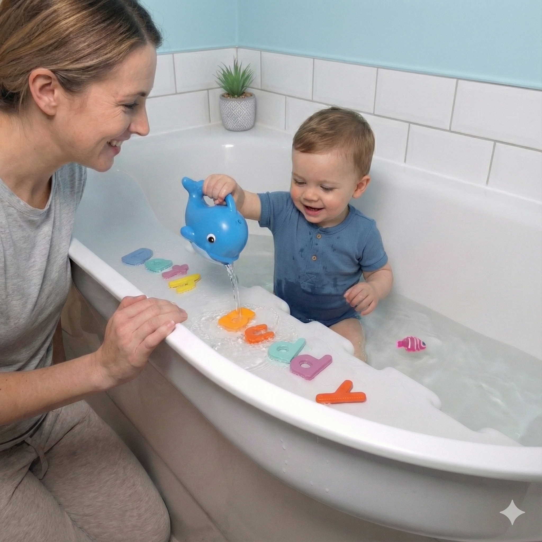 A woman watches a smiling baby play with a toy whale and colorful letters in a bathtub.