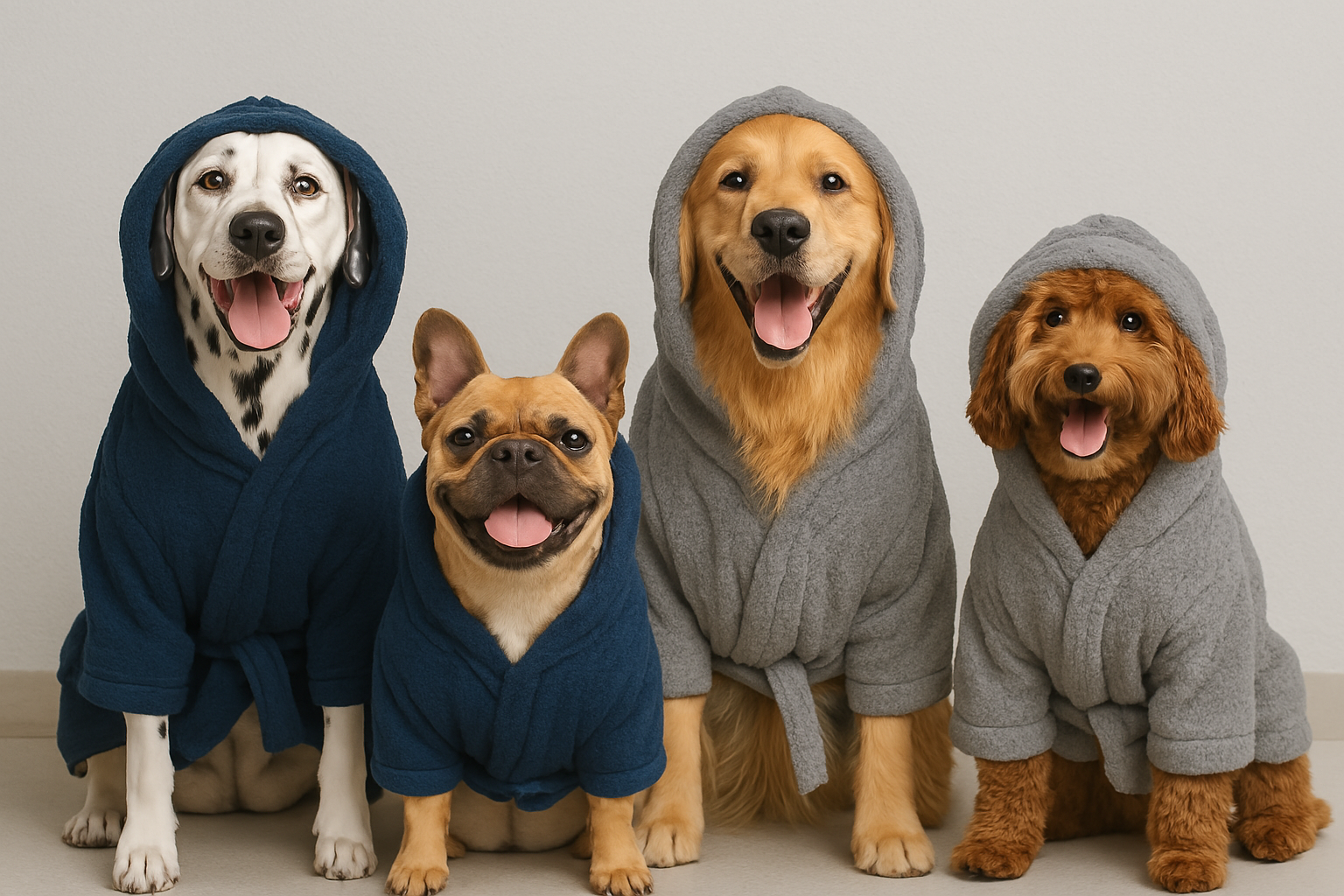 Four dogs wearing hooded bathrobes, sitting and smiling.