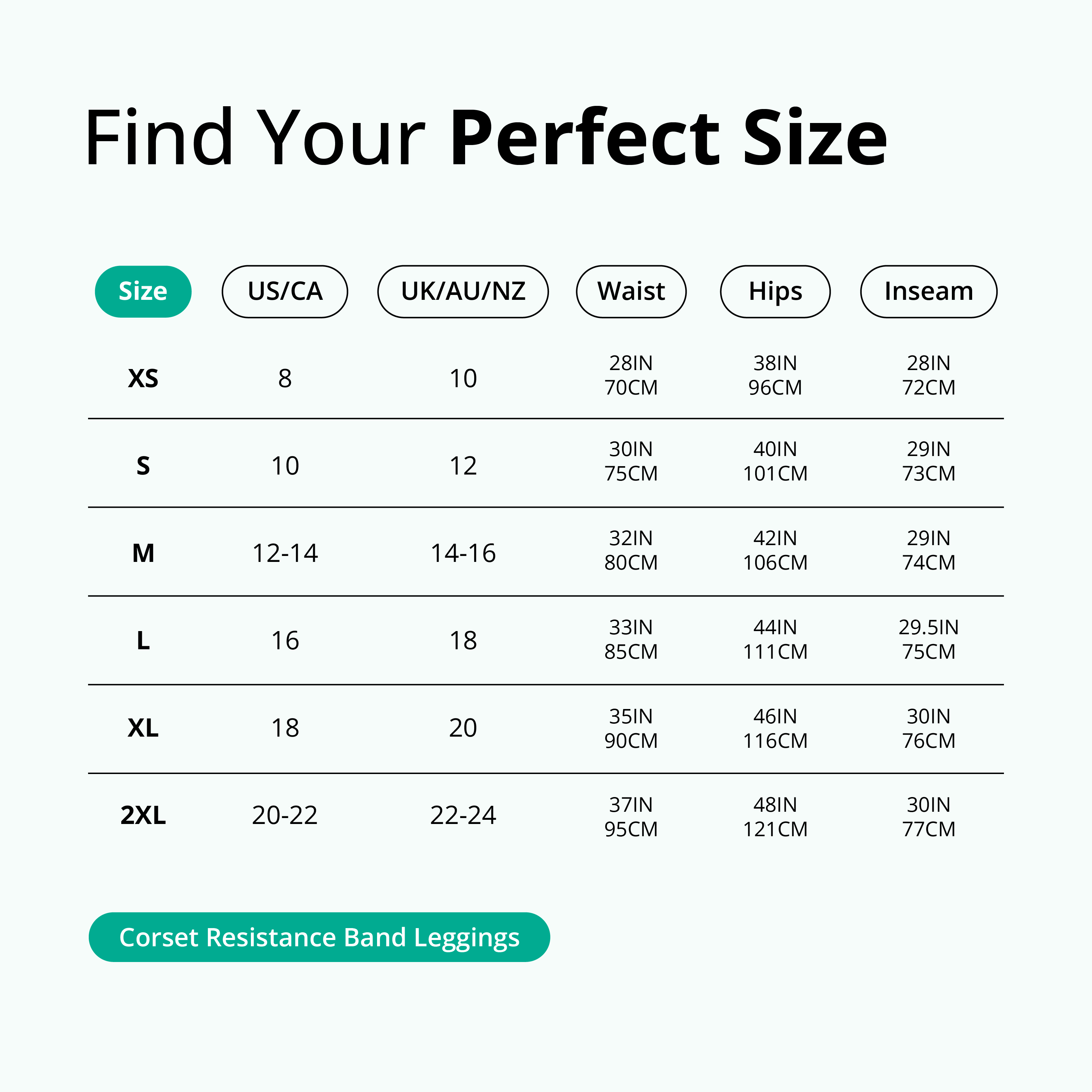 Size chart for corset resistance band leggings with measurements in inches and centimeters.