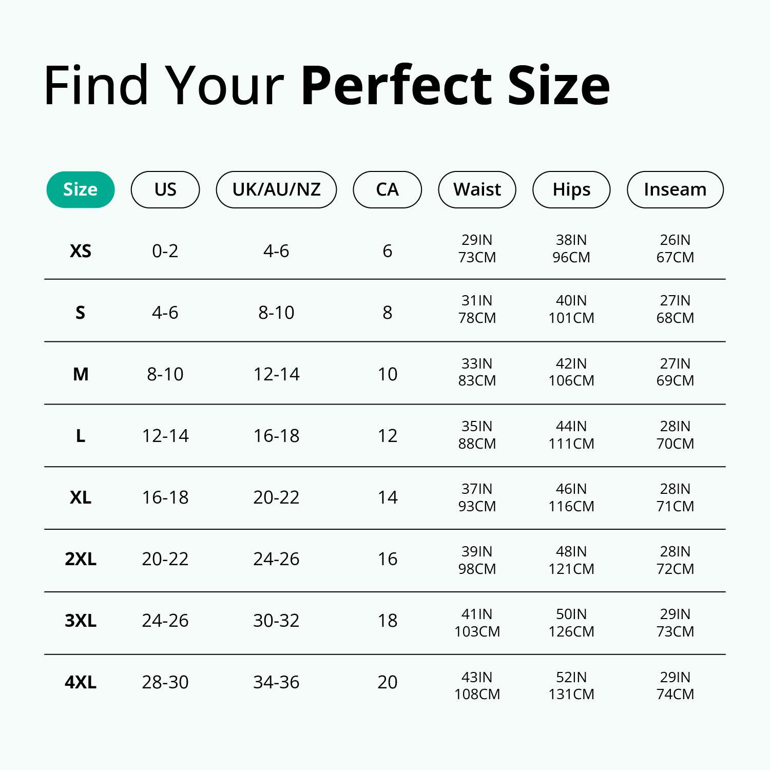 Clothing size chart with measurements for XS to 4XL in various regions.
