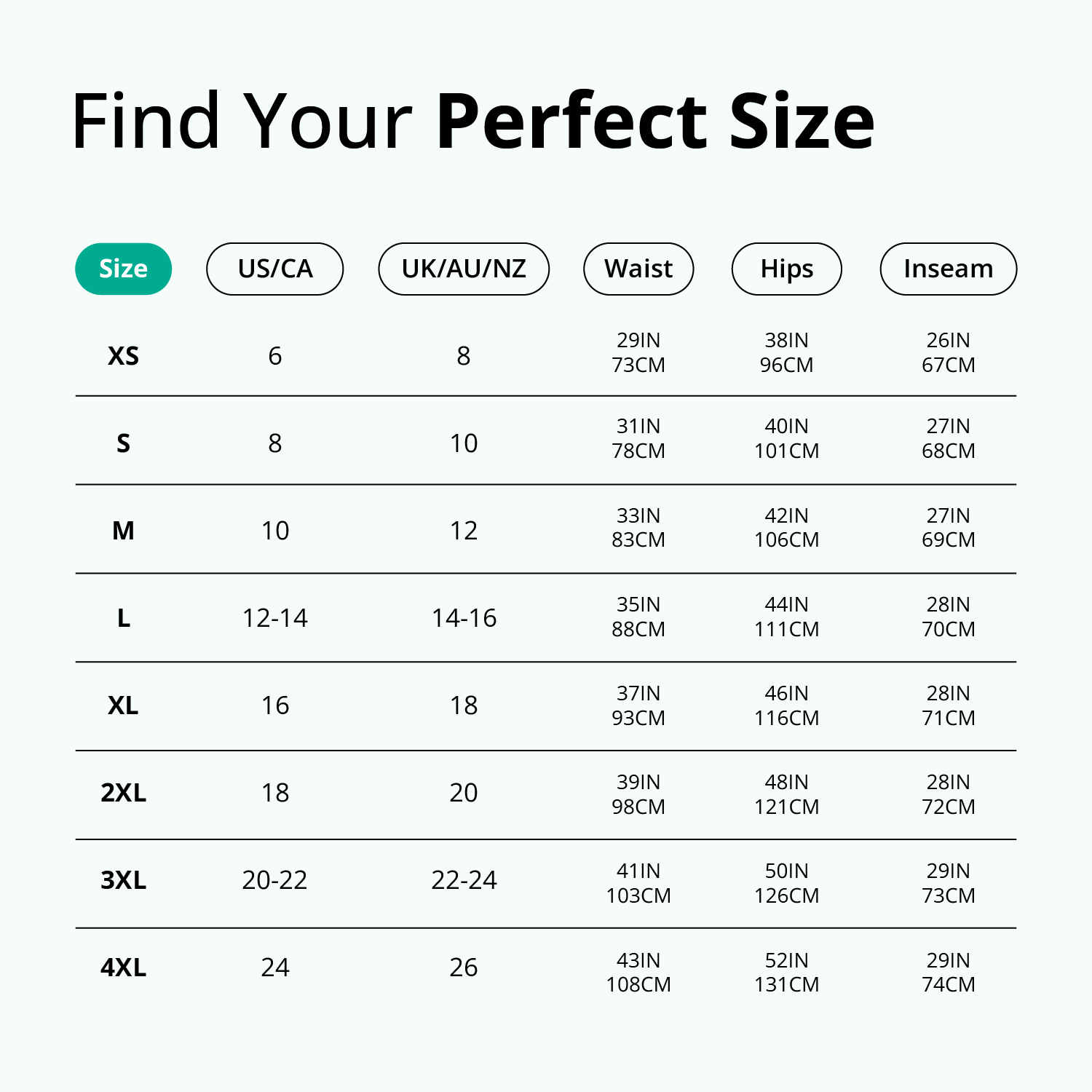Size chart with measurements for XS to 4XL in US/CA and UK/AU/NZ sizes.