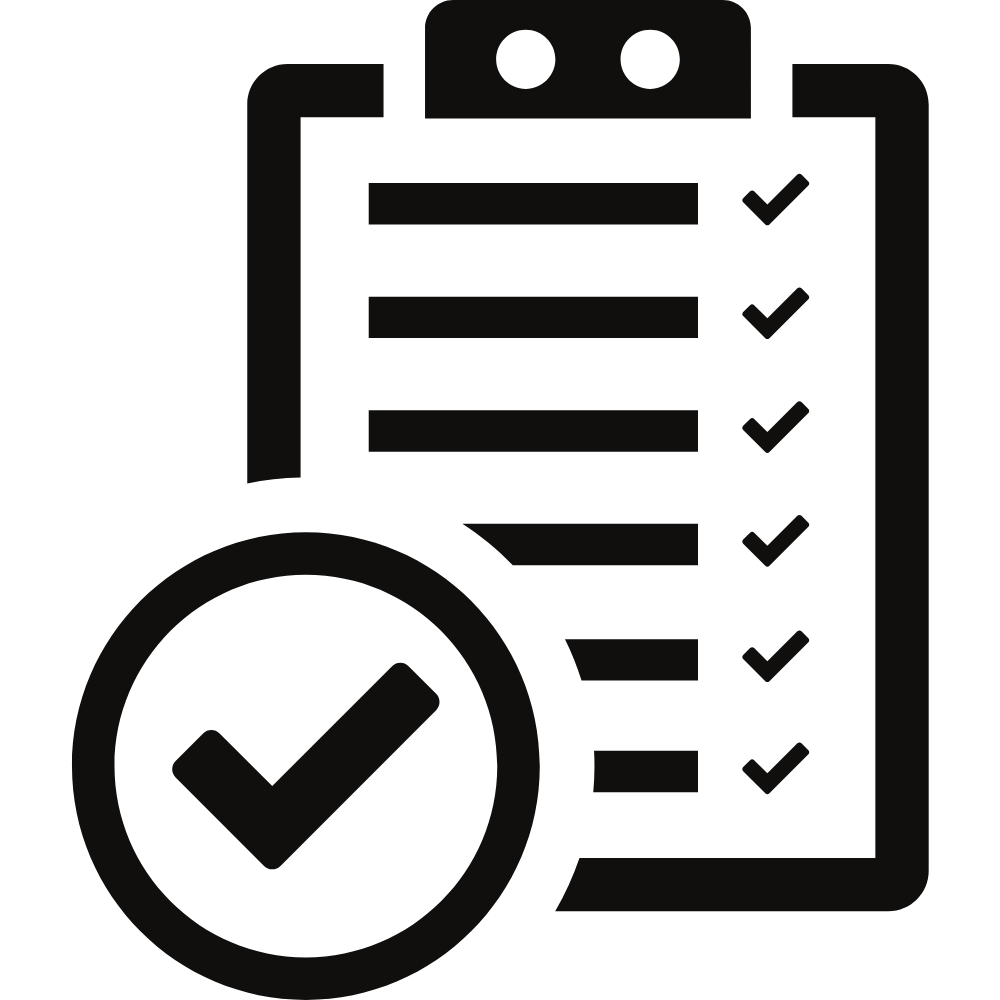Black icon of a checklist on a clipboard with a checkmark.