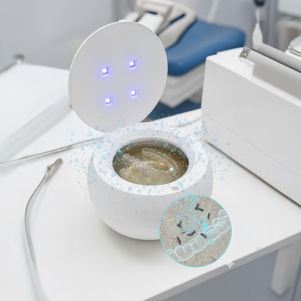 Device with blue lights, containing liquid, positioned on a medical table.