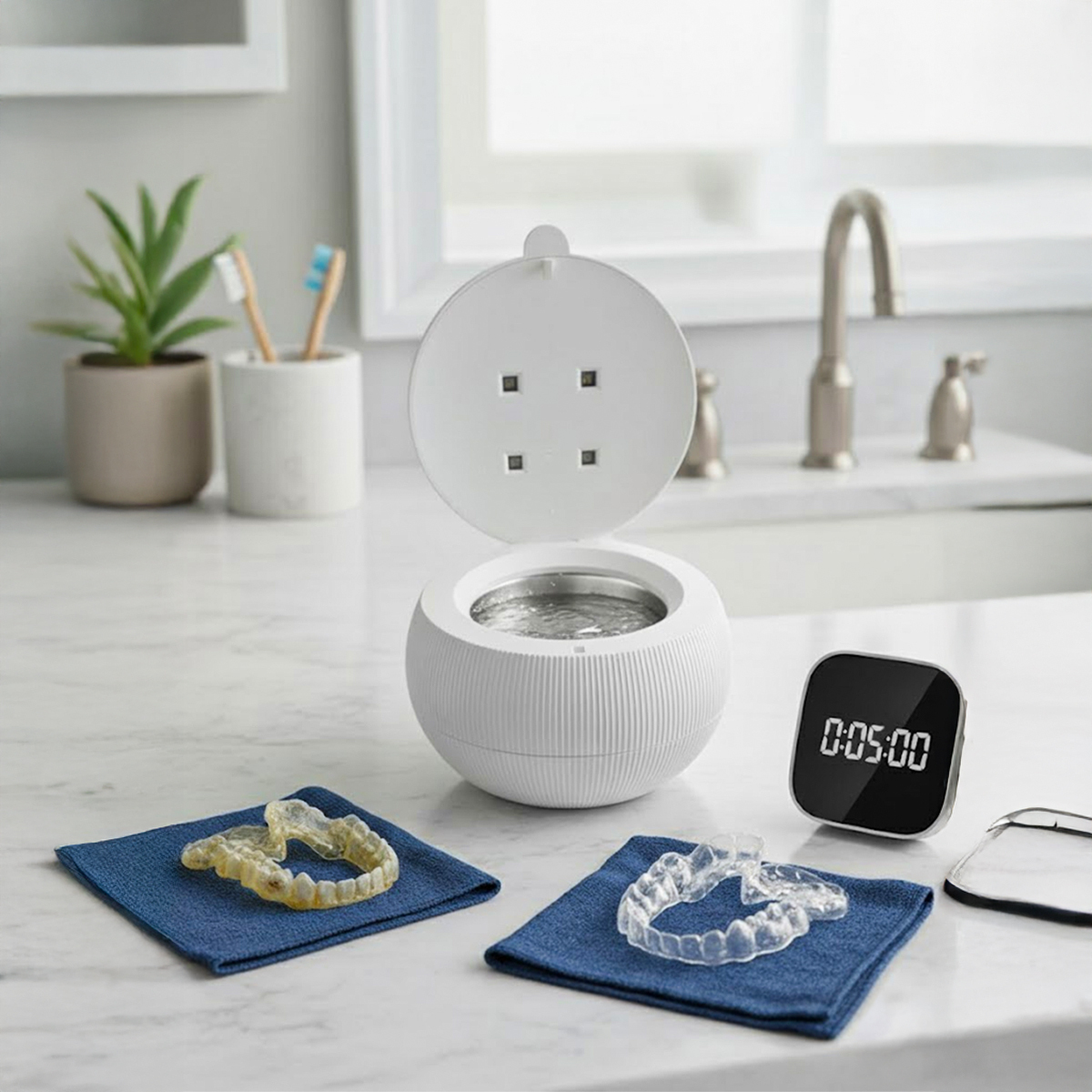 Dental device, timer, and dentures on a bathroom countertop.