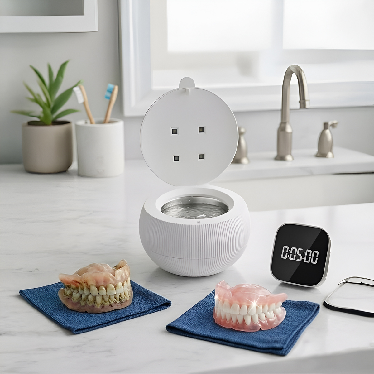 Dental cleaning device with dentures on cloths beside a timer on a bathroom counter.