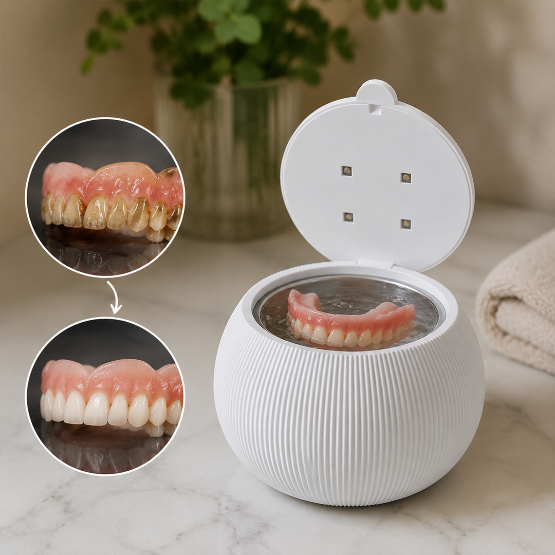 A set of dentures in a white cleaning device, with before-and-after insets showing the cleaning effect.
