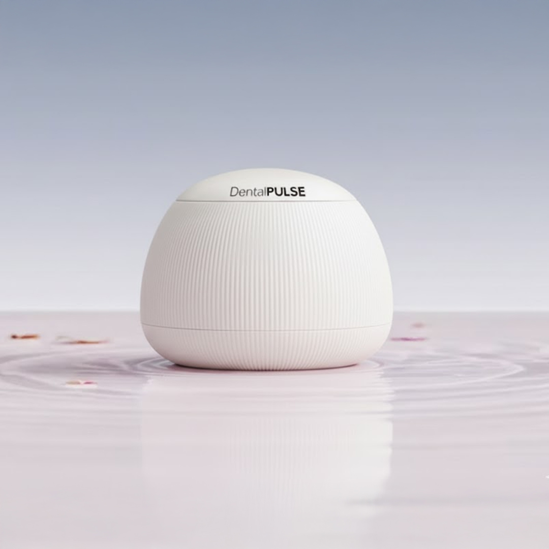 White spherical object with 'Dental PULSE' branding on a reflective pink surface.