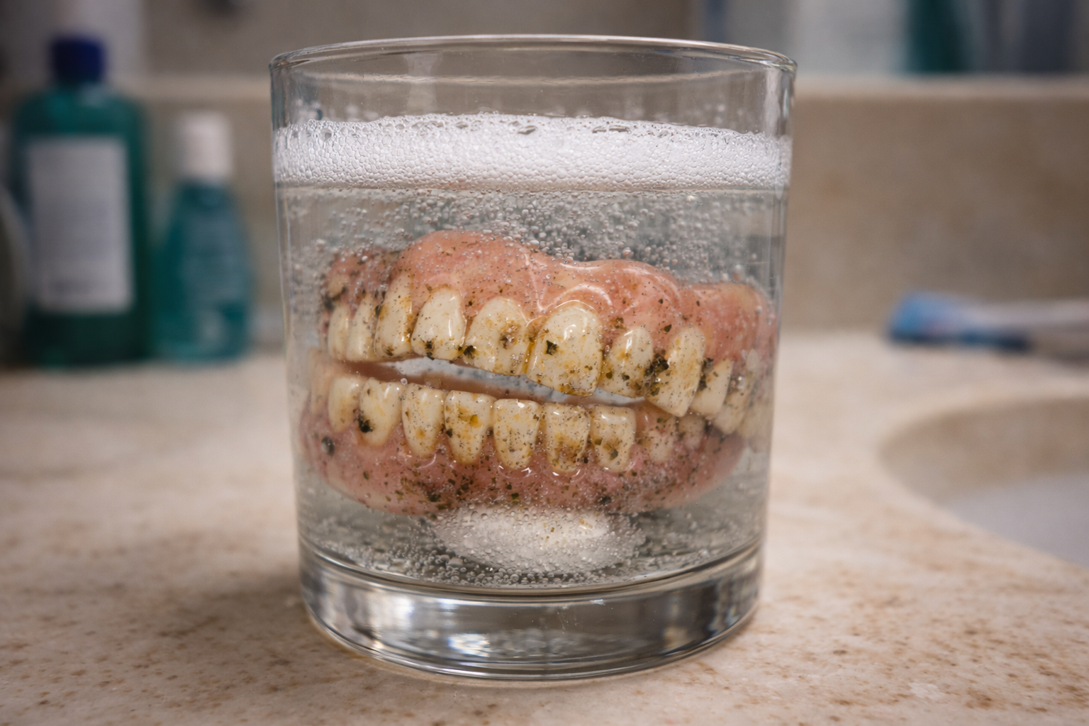 Dentures soaking in a glass of water on a bathroom counter.