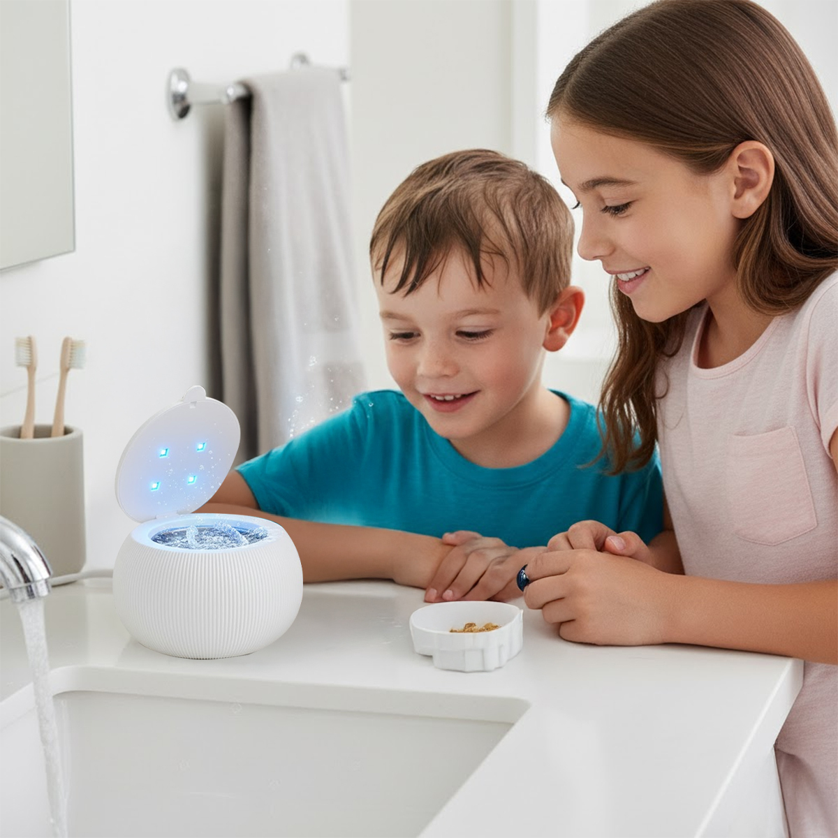 Two children watching a water fountain on a bathroom sink.