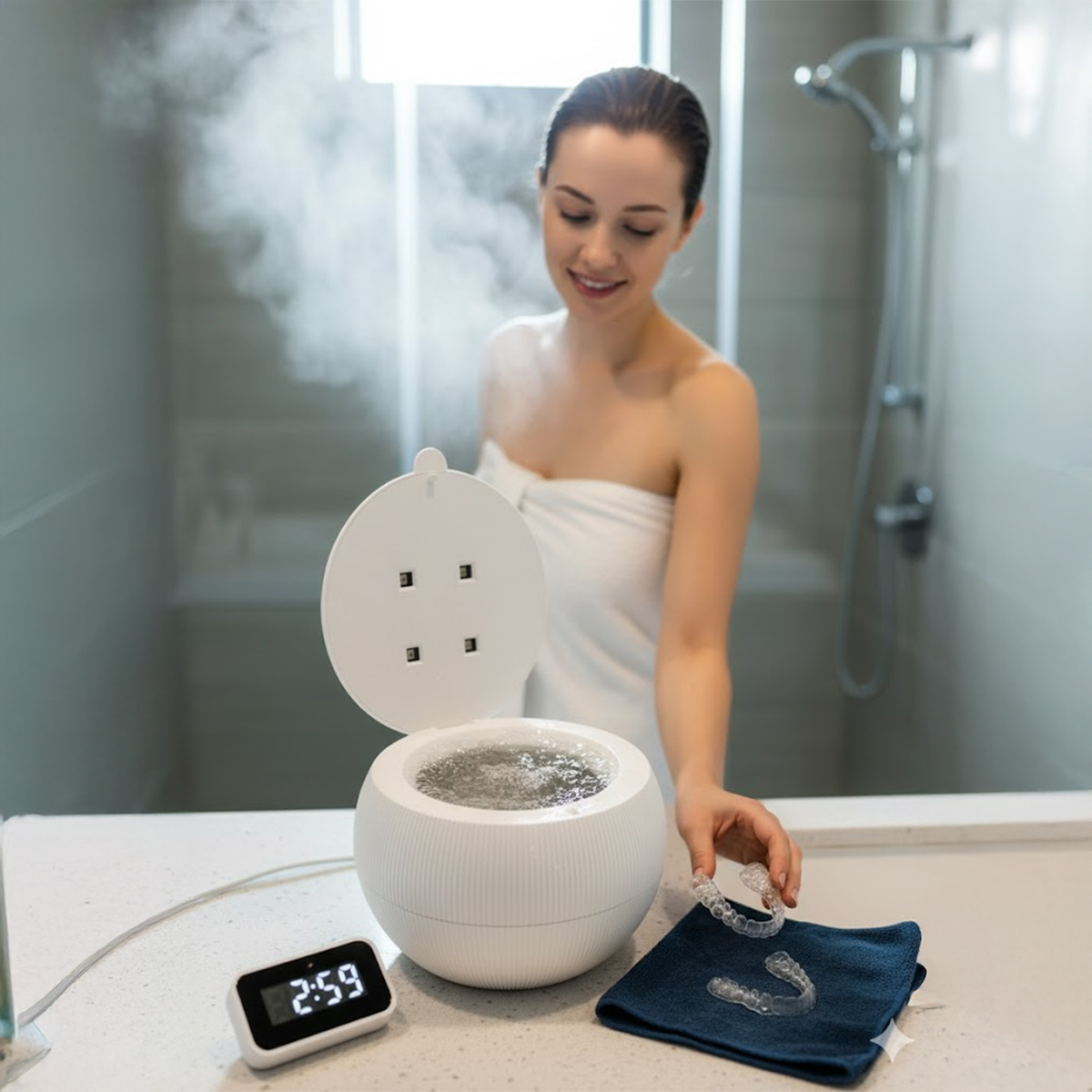 Person in a towel near a dental appliance cleaner in a bathroom.