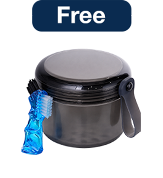 A round, dark translucent container with a lid and a small blue brush, under a 'Free' banner.