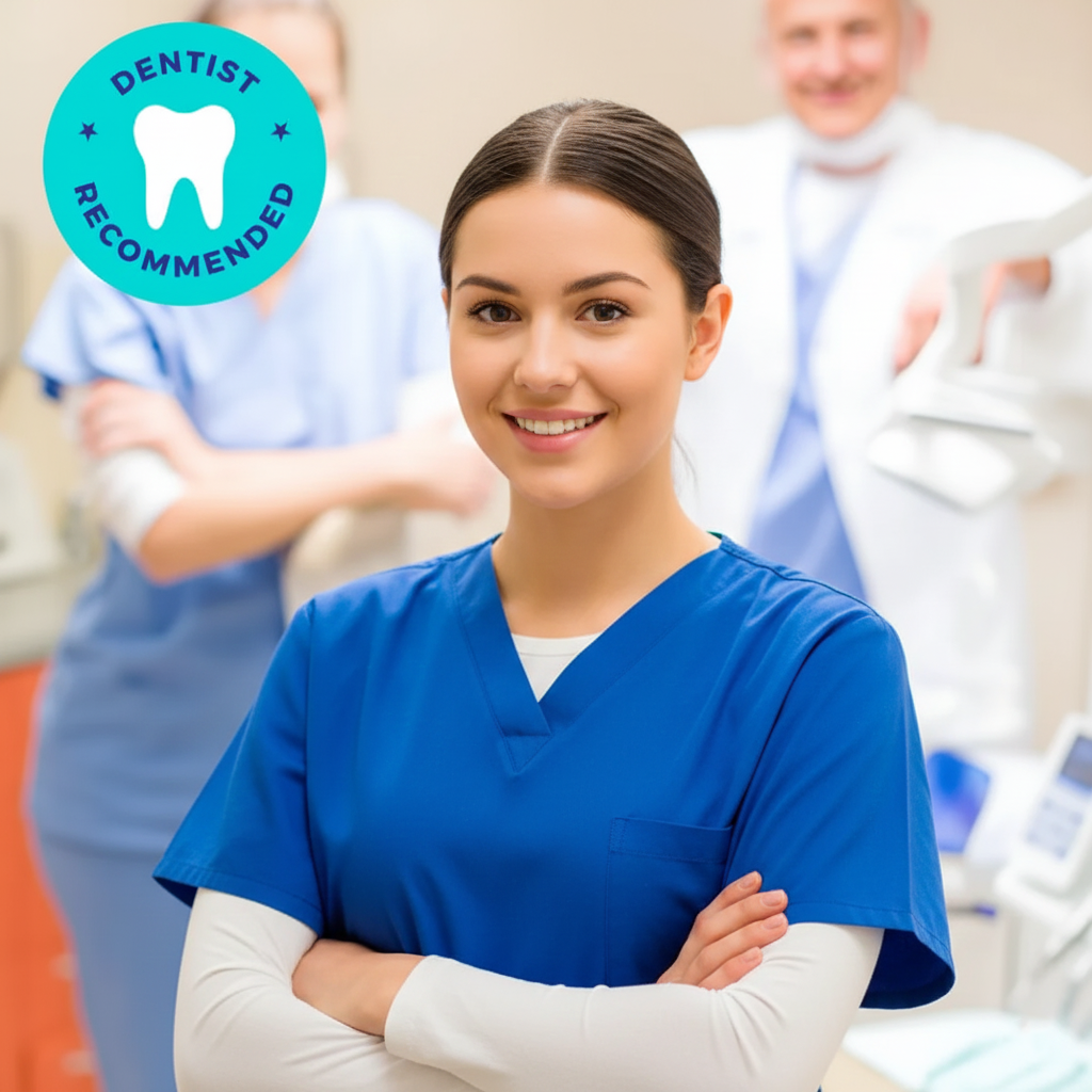 Smiling woman in blue scrubs with 'Dentist Recommended' badge, dentists in background.