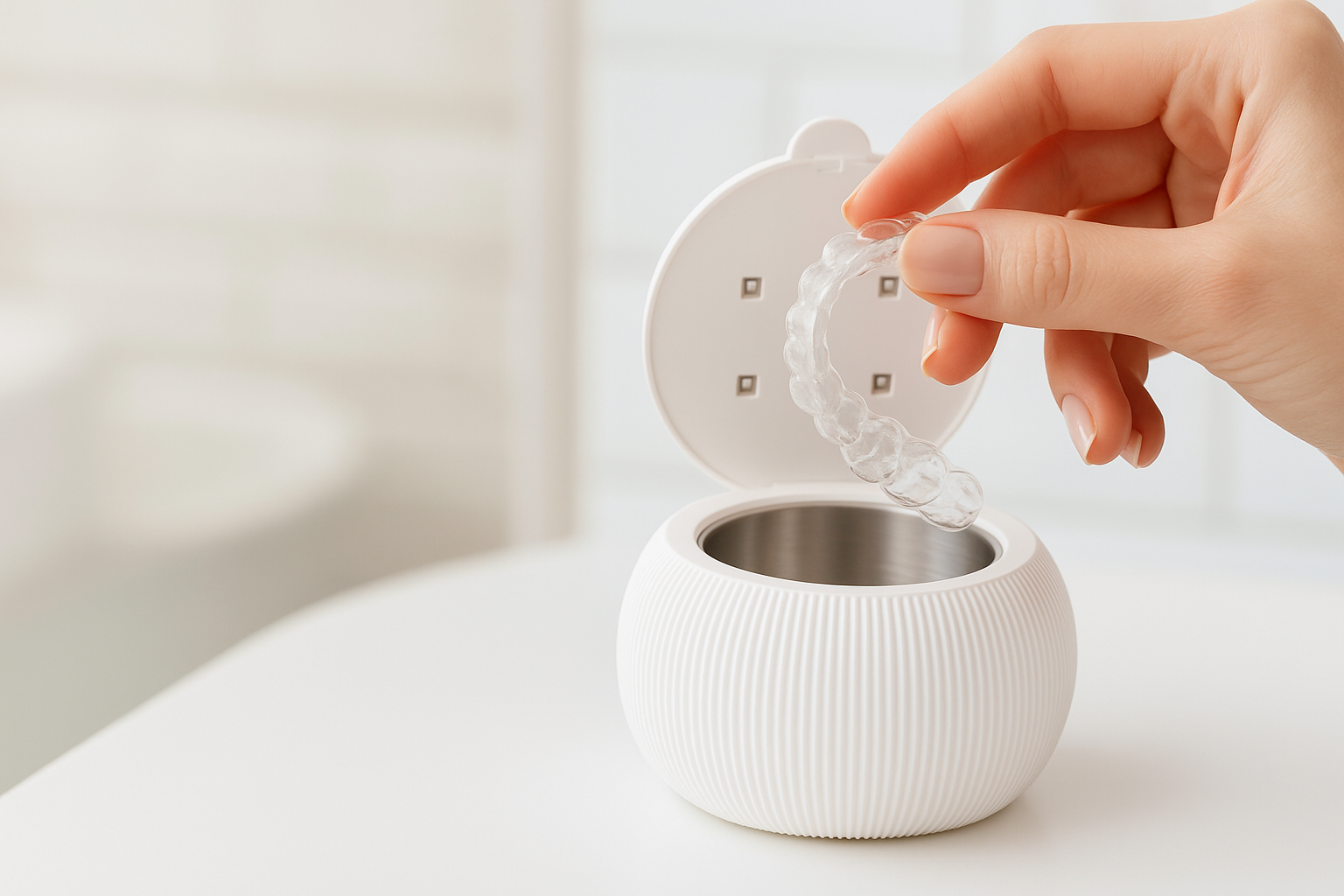 Hand holding a clear dental aligner above a white container.
