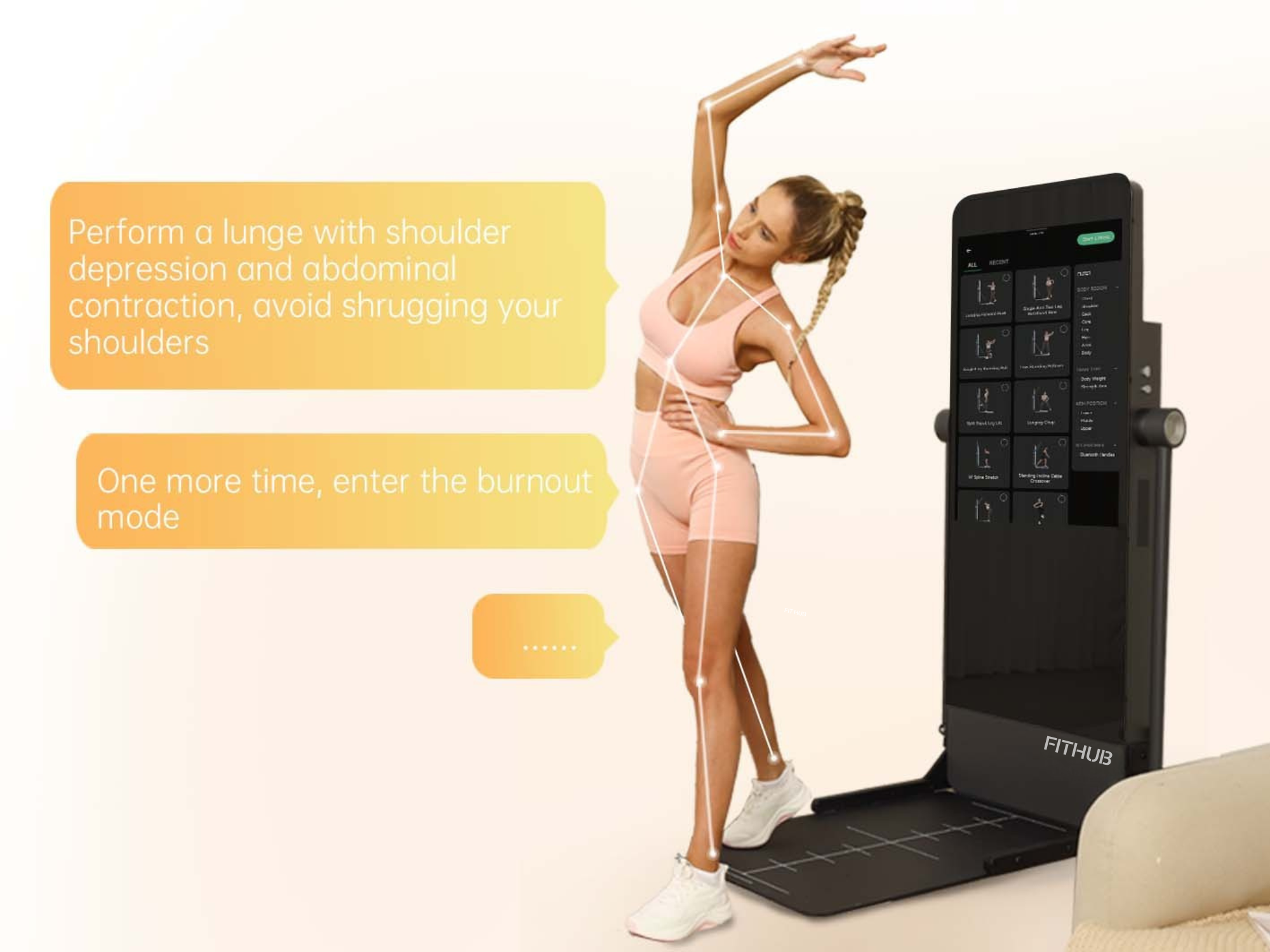 Woman exercising with guidance from a smart workout device displaying instructions.