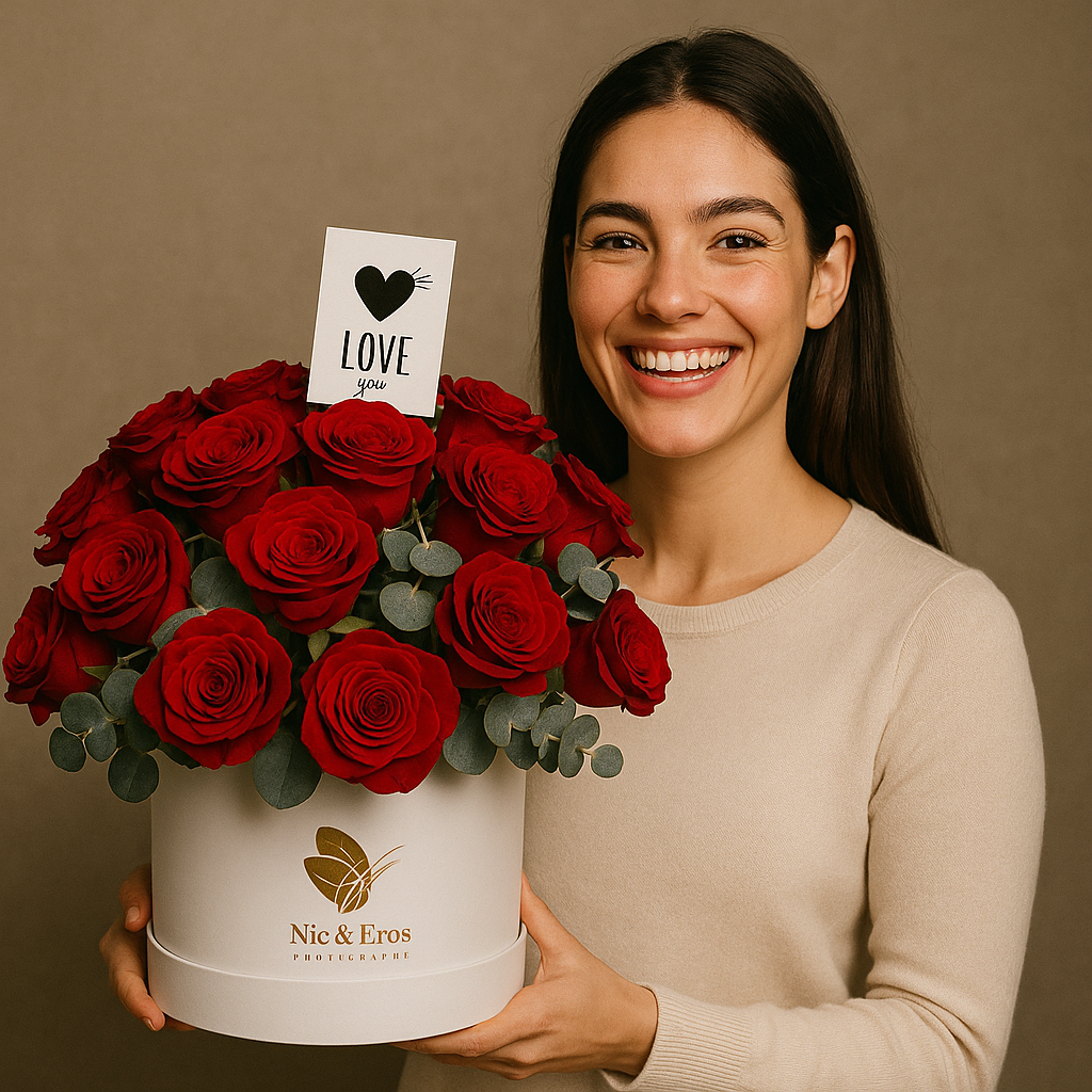 Smiling person holding a bouquet of red roses with a 'Love you' card.