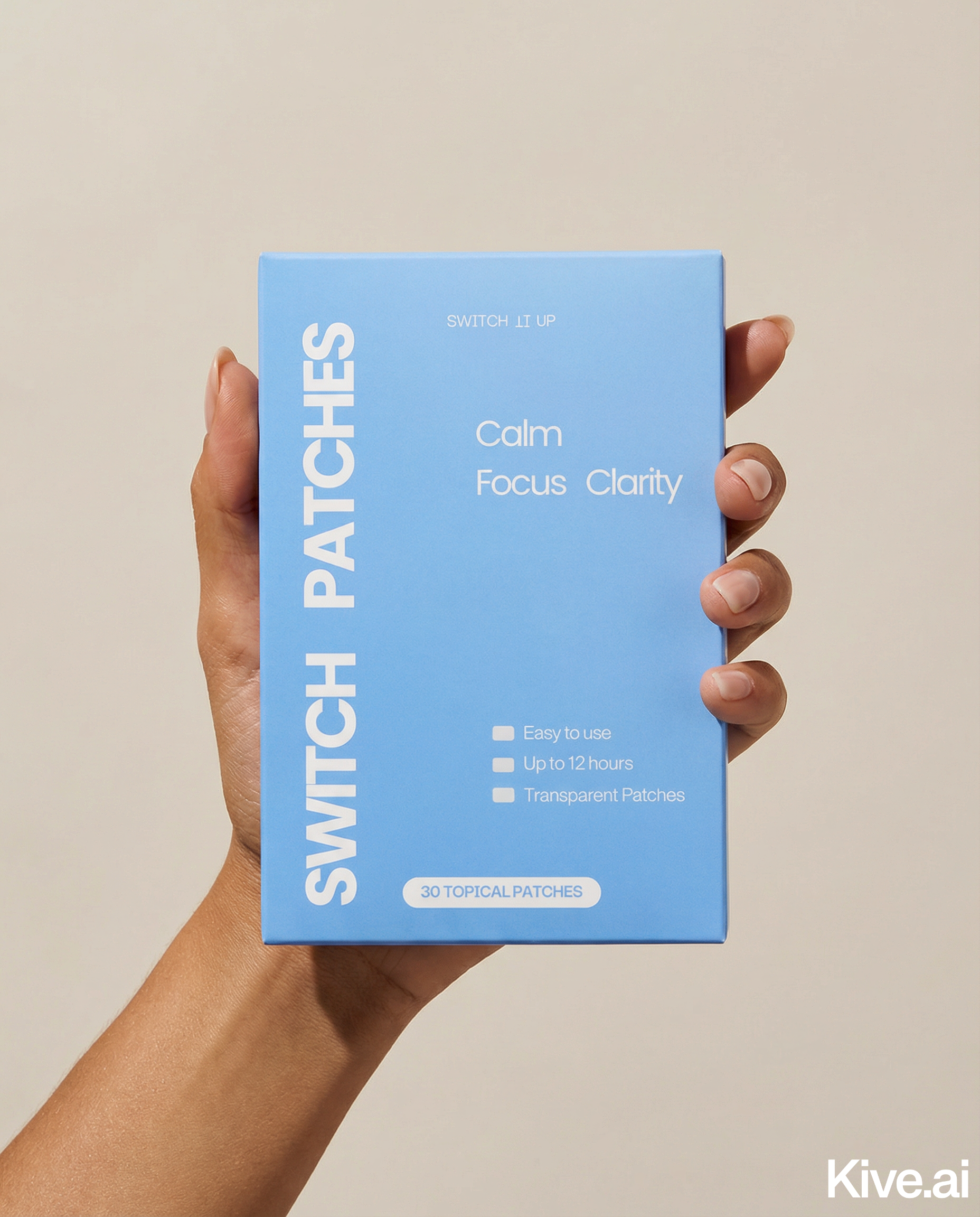 A person's hand holds up a light blue box of 'Switch Patches' against a plain background.