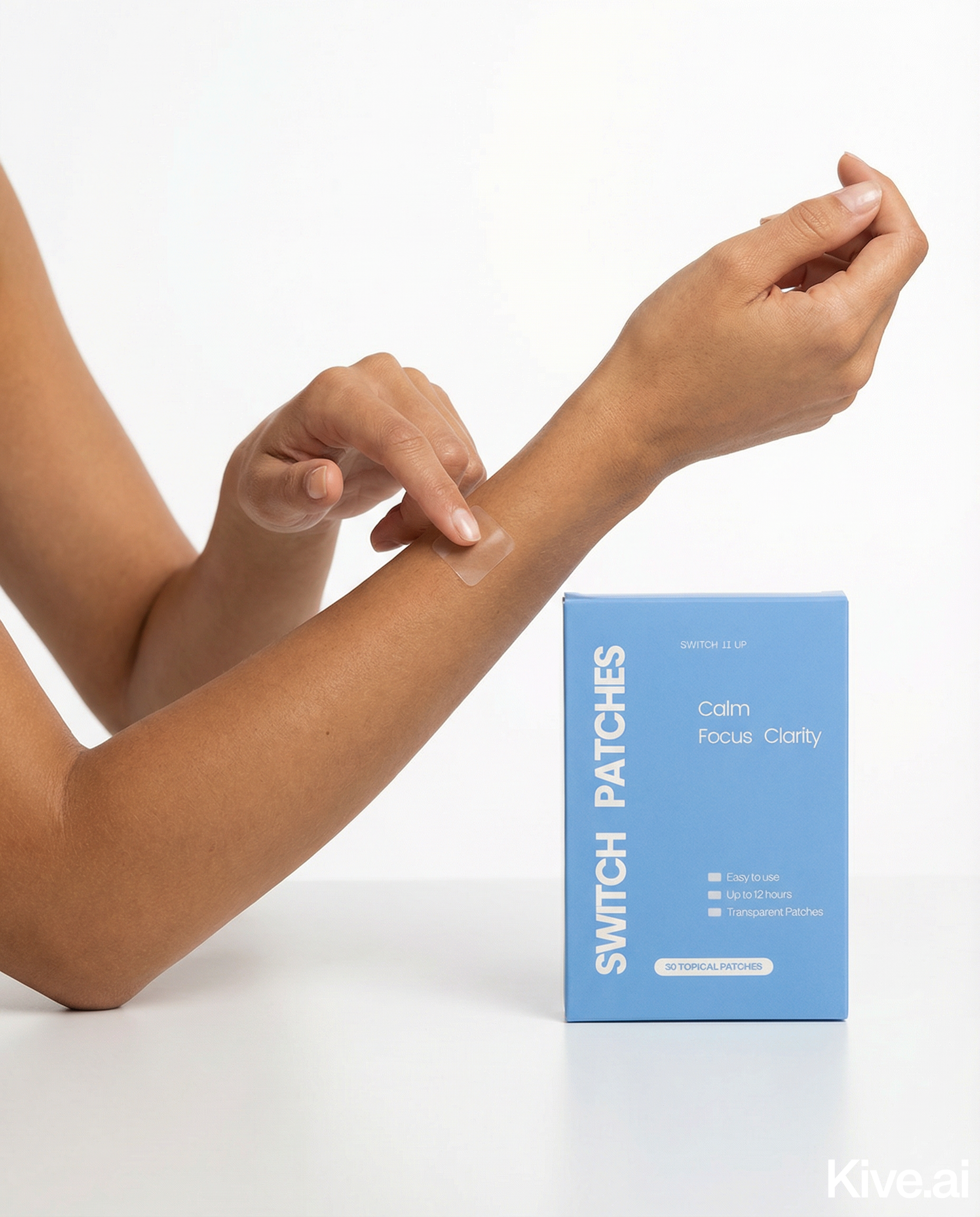 A person applies a clear topical patch to their forearm next to a blue box of Switch Patches.