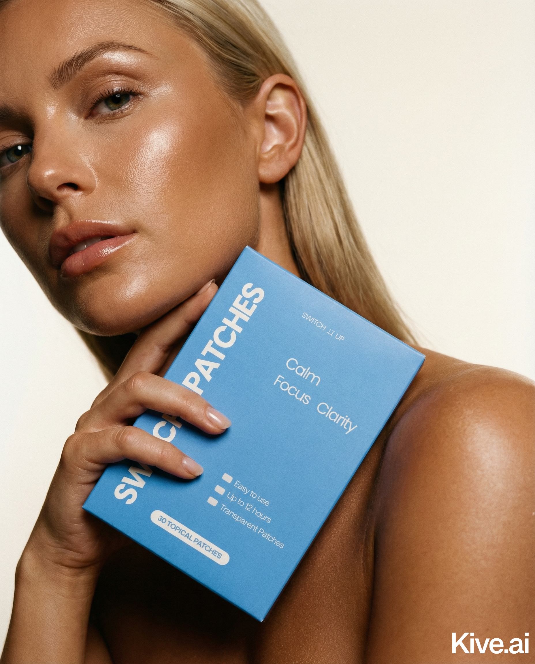 A woman with glowing skin holds a blue box labeled 'Switch Patches' next to her face.