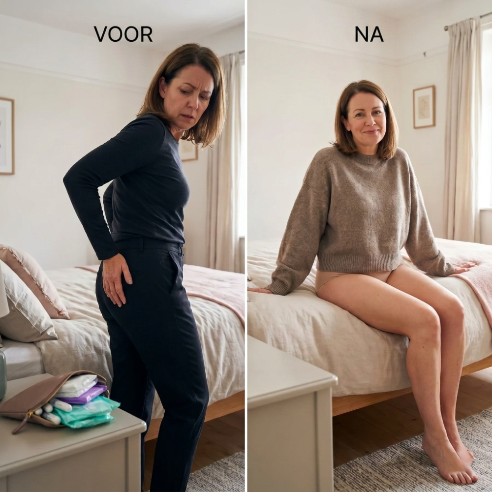 A split-screen before and after image of a woman looking uncomfortable and then looking relaxed and happy.