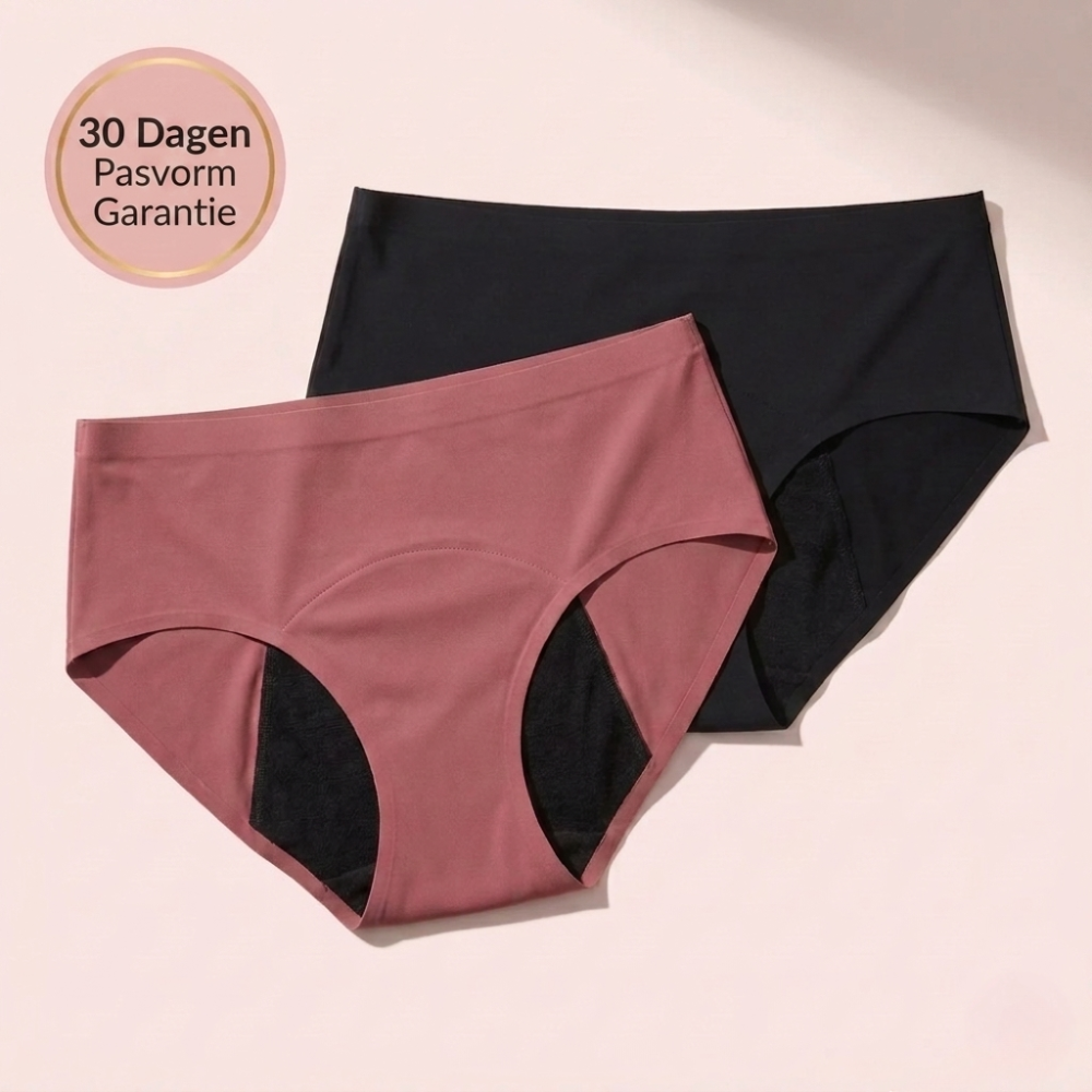 A pair of dusty rose and a pair of black period underwear on a pink background.