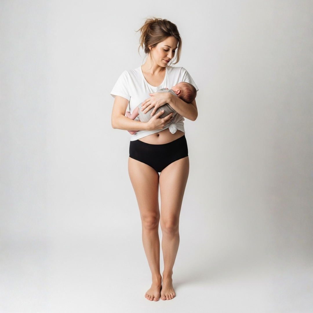 A woman in a white t-shirt and black underwear stands holding a newborn baby against a plain background.