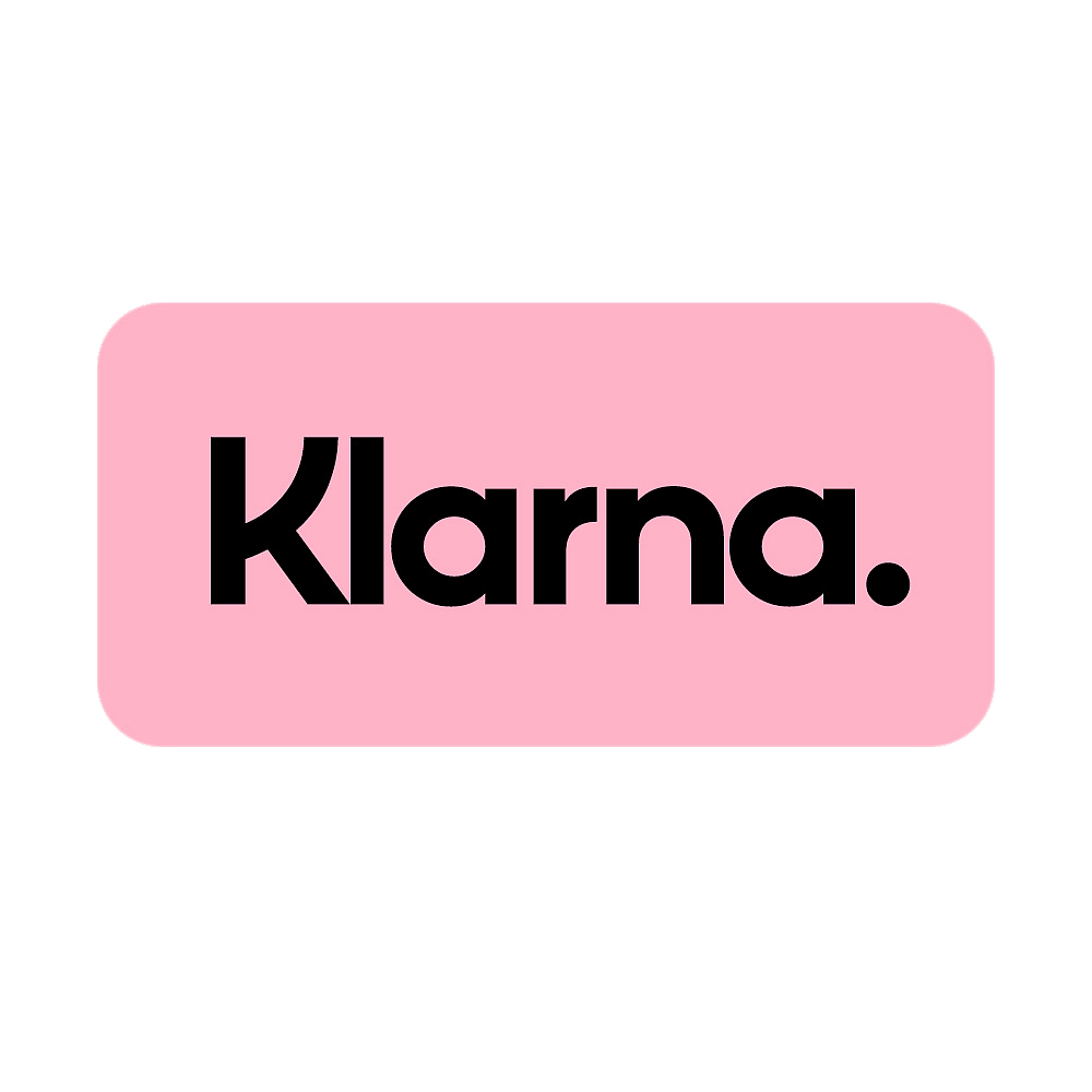 The Klarna logo, featuring the word Klarna in black font on a pink rectangular background.