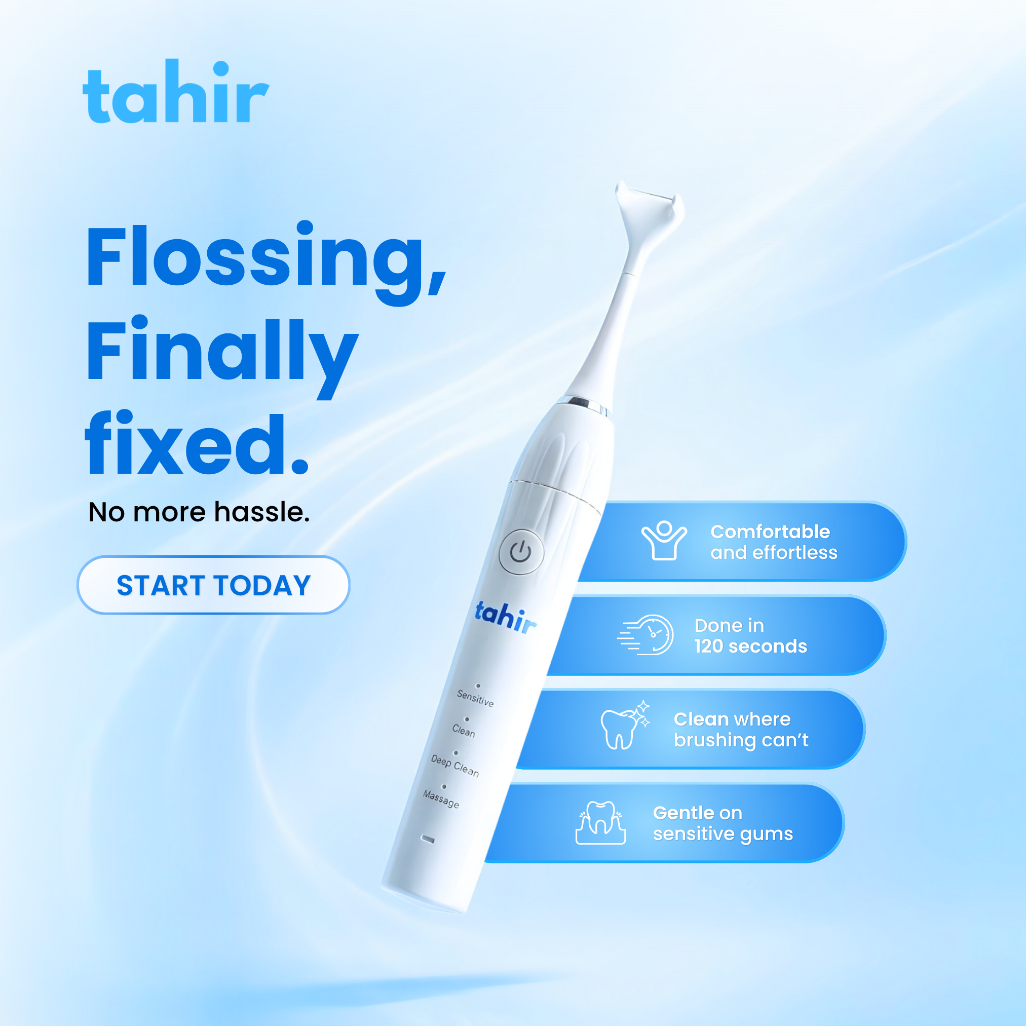 Advertisement for the Tahir electric flosser, highlighting its features with text and icons on a blue background.